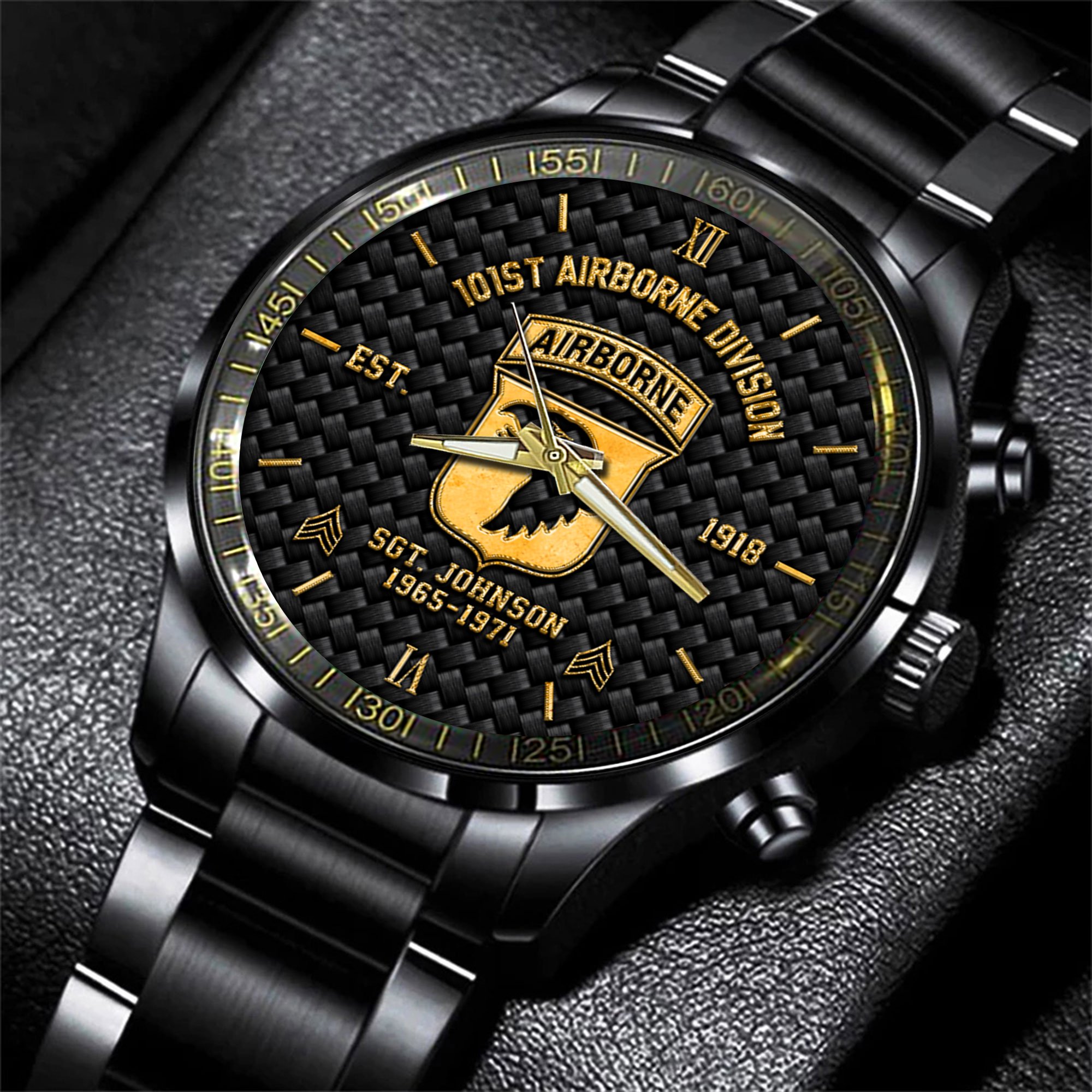 101St Airborne Division Black Fashion Watch Custom Your Name, Year And Rank, US Mlitary Watch, Gift For Soldiers
