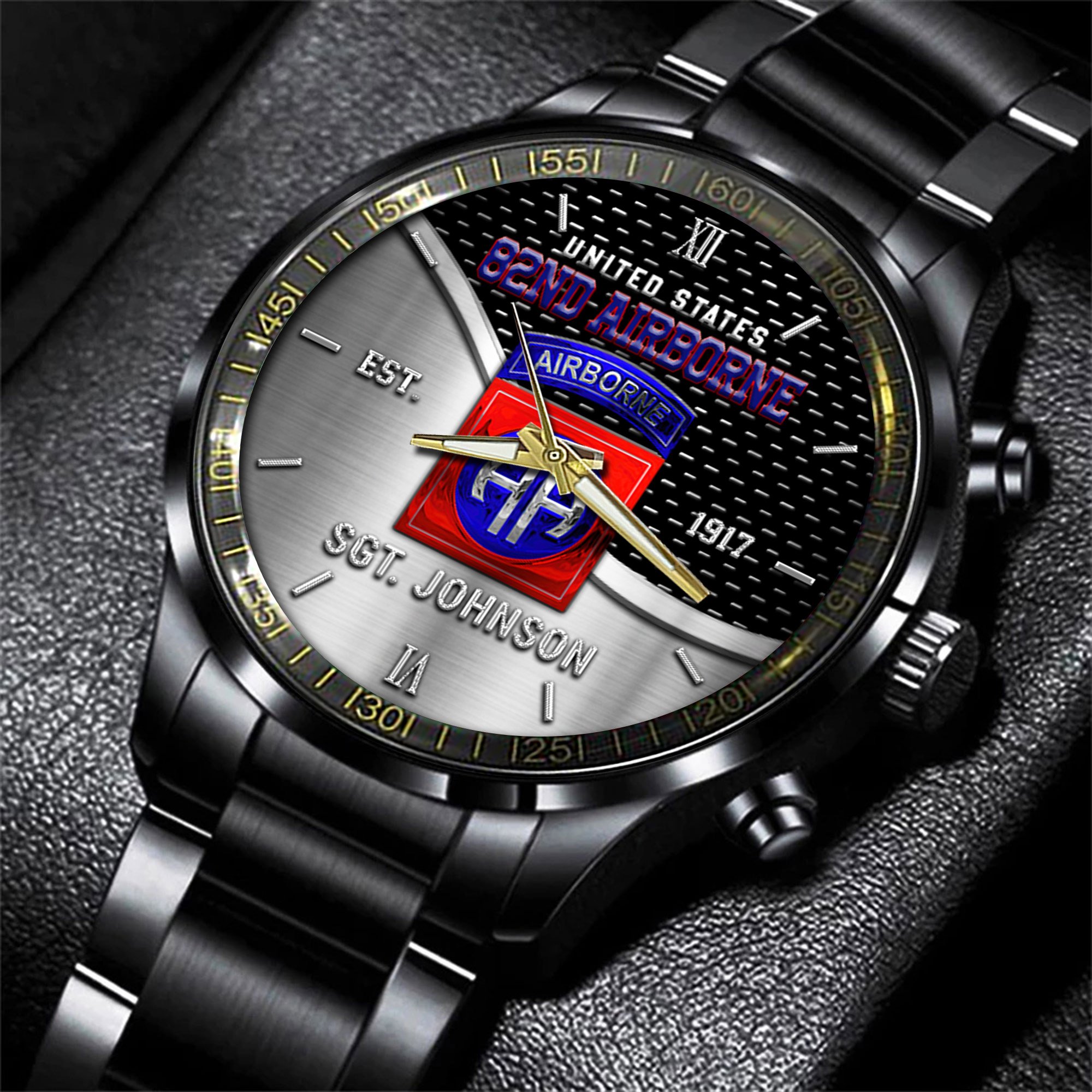 82Nd Airborne Black Fashion Watch Custom Your Name, Military Watch, Gifts For Soldiers 