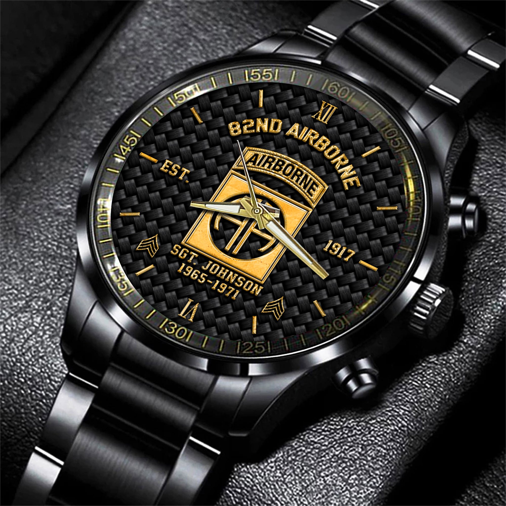 82Nd Airborne Black Fashion Watch Custom Your Name, Year And Rank, US Mlitary Watch, Gift For Soldiers