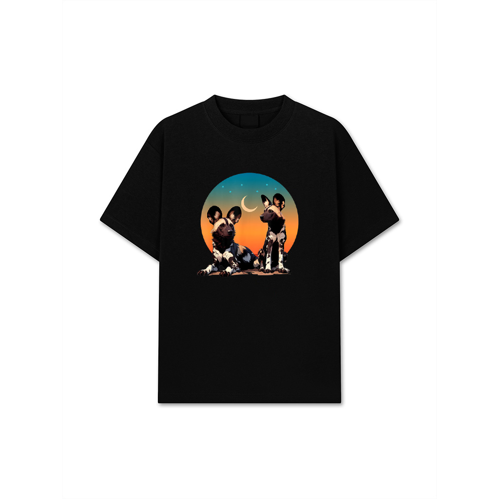 African Painted Wild Dogs Sunset Moon Wild Dog Lovers Design T-Shirt