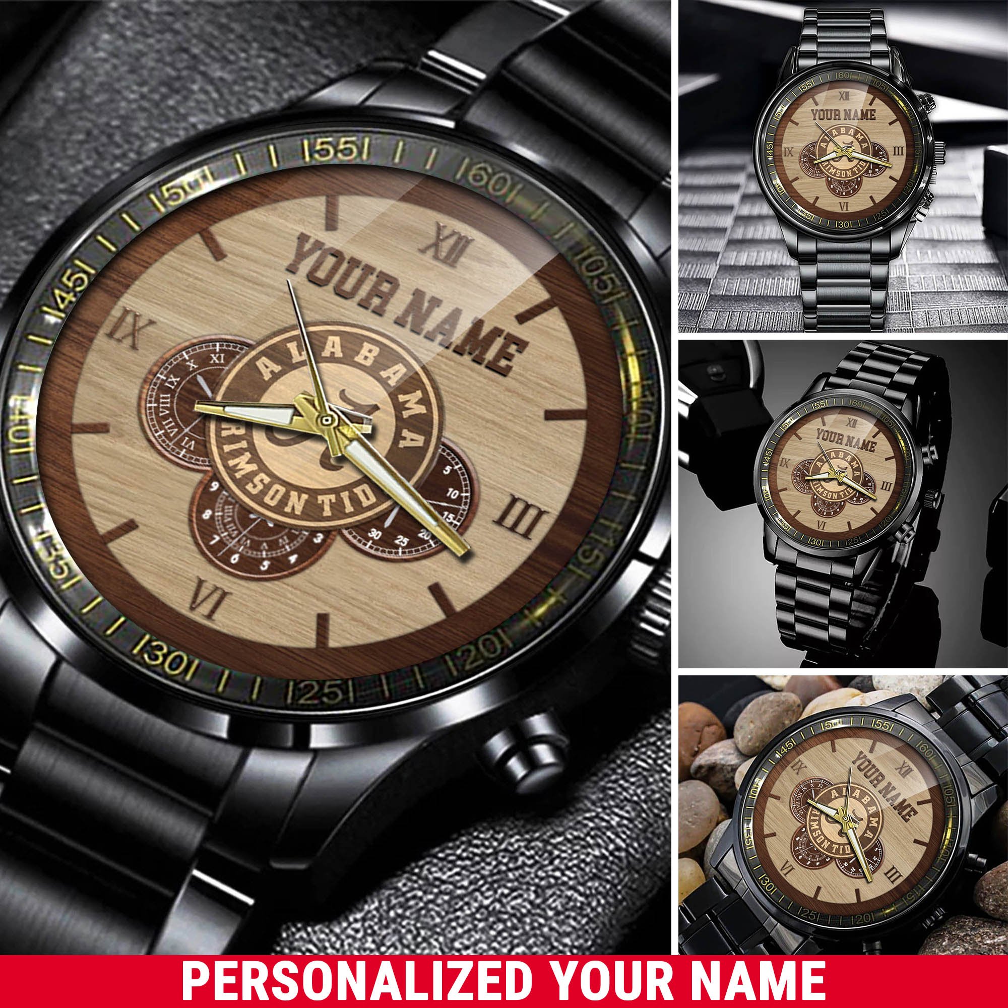 Alabama Crimson Tide Black Fashion Watch 2025 Version Customized Your Name, Football Team Black Fashion Watch 