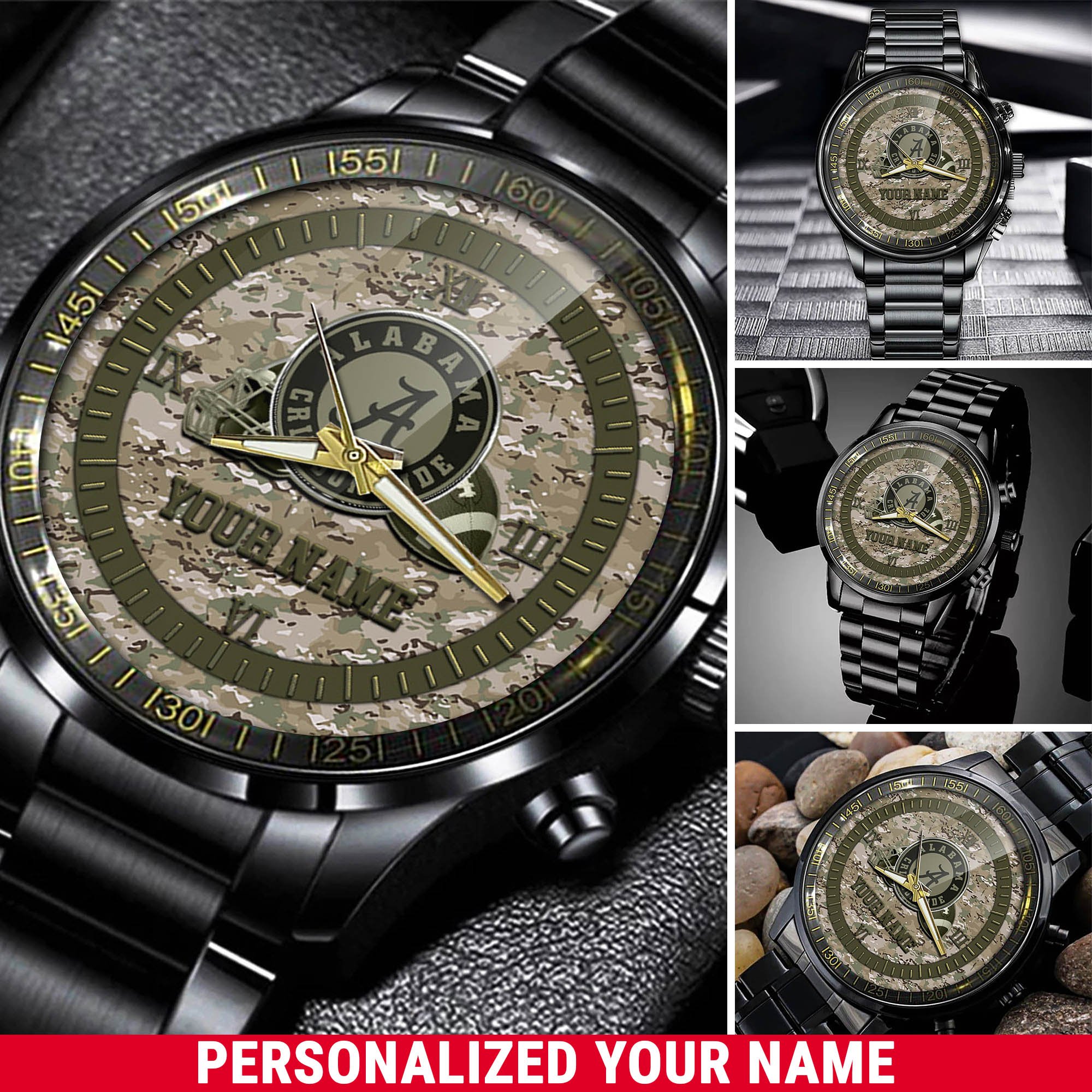 Alabama Crimson Tide Black Fashion Watch 2025 Version Personalized Your Name, Camouflage Watch For Football Lovers 