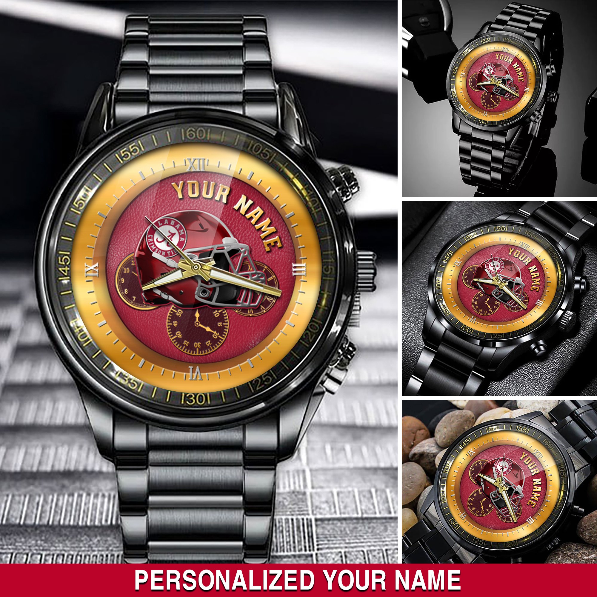 Alabama Crimson Tide Black Fashion Watch 2025 Version Personalized Your Name, Football Team Black Fashion Watch 