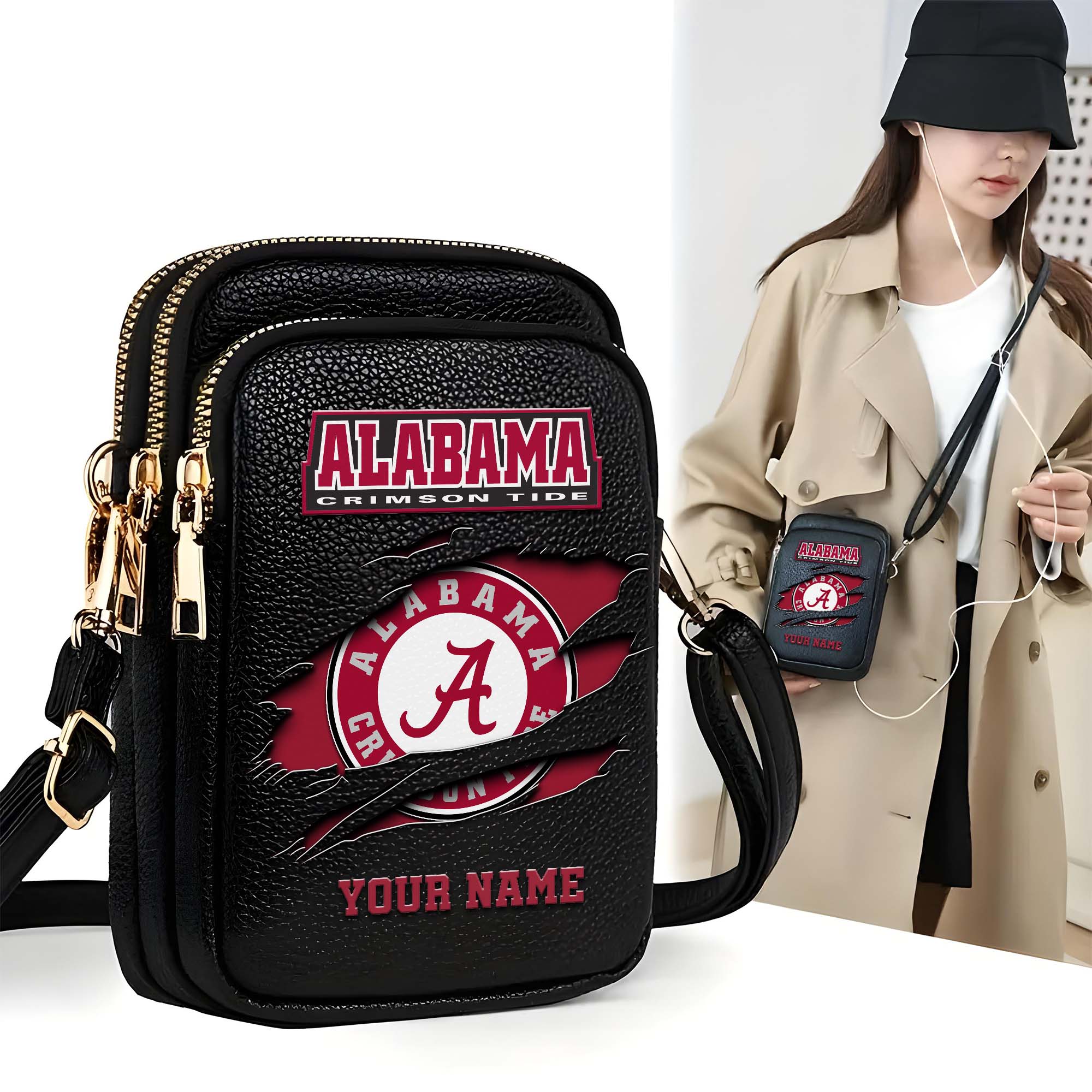 Alabama Crimson Tide Customized Womens Mobile Phone Bag With Your Name, Leather Crossbody Bag, Fan Gifts
