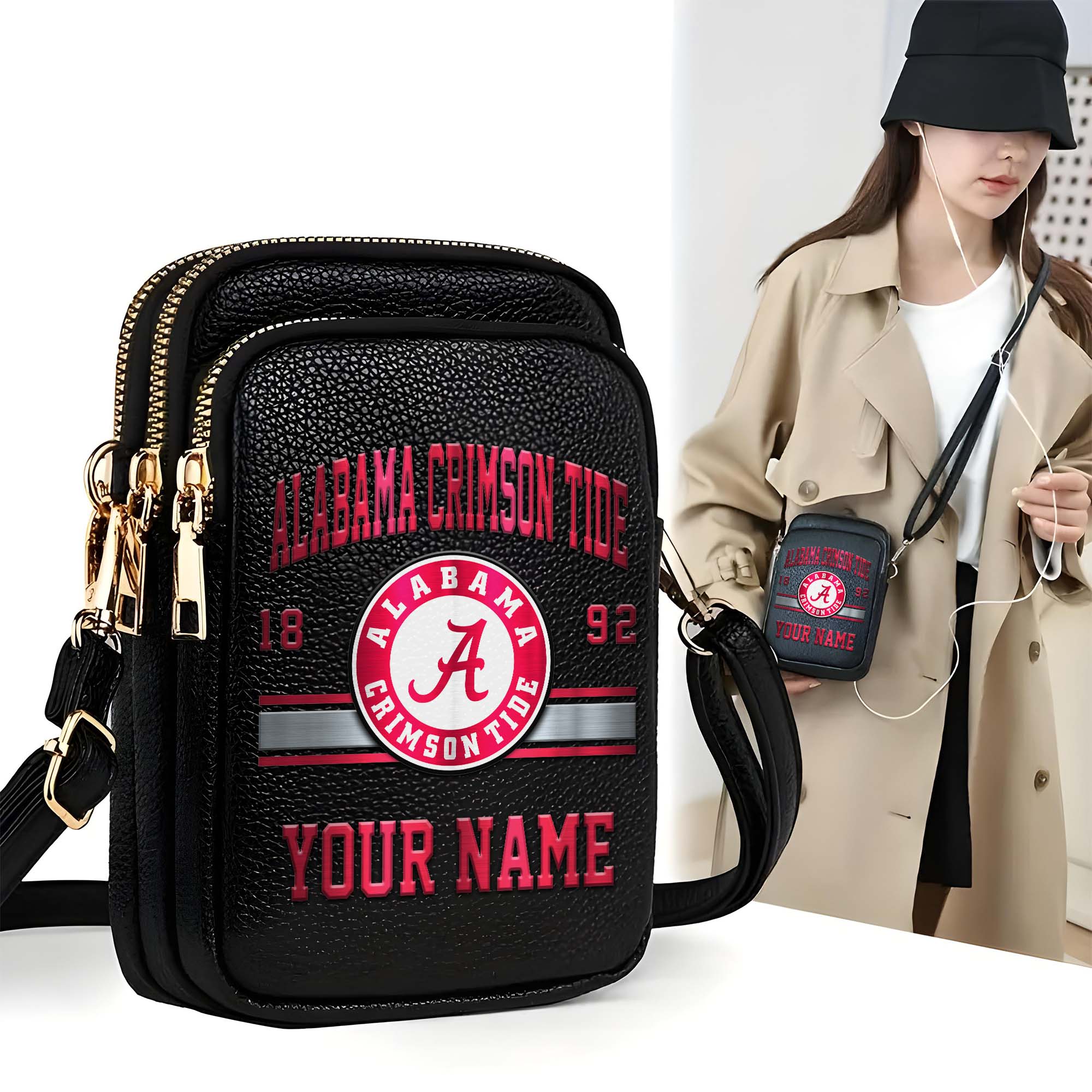 Alabama Crimson Tide Customized Womens Mobile Phone Bag With Your Name, Leather Crossbody Bag, Fan Gifts