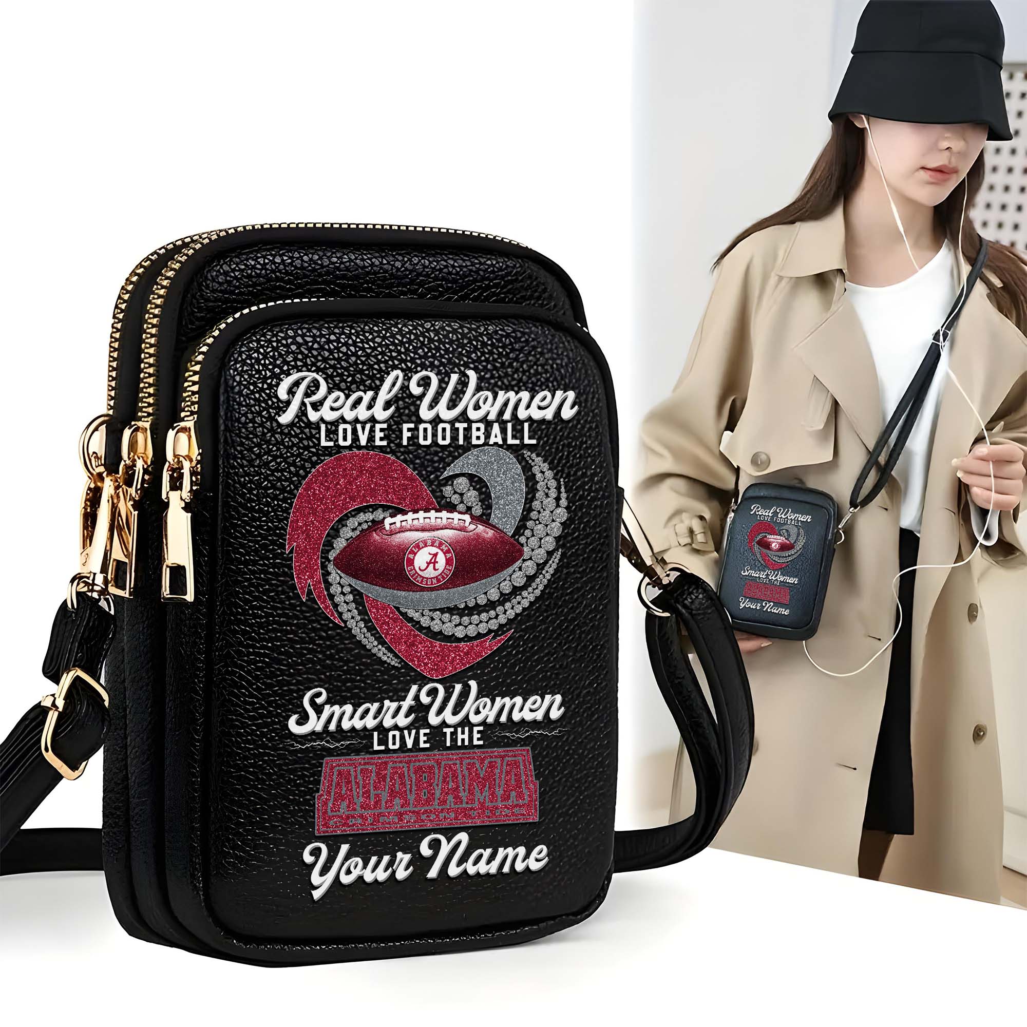 Alabama Crimson Tide Customized Womens Mobile Phone Bag With Your Name, Leather Crossbody Bag, Fan Gifts