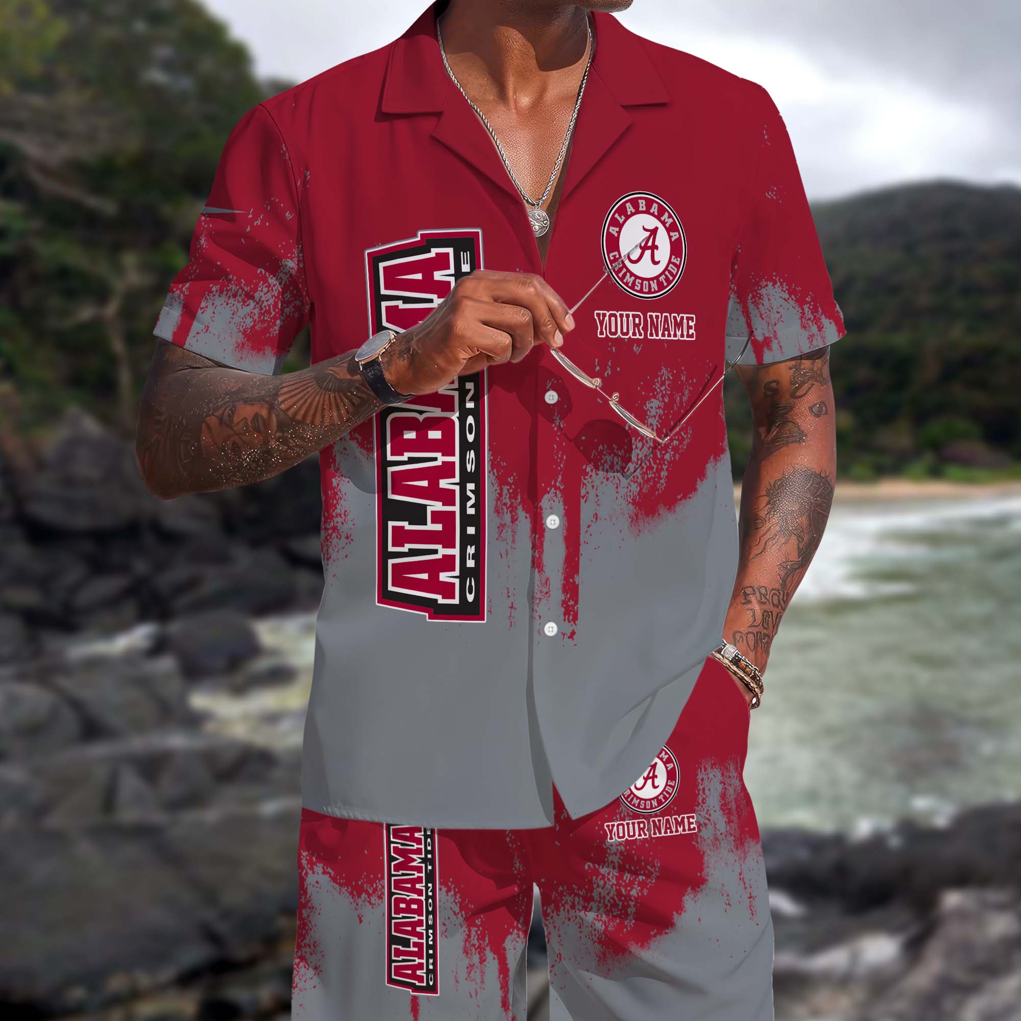 Alabama Crimson Tide Hawaiian Shorts Set Custom You Name, Sports Shorts, Gifts For Fan