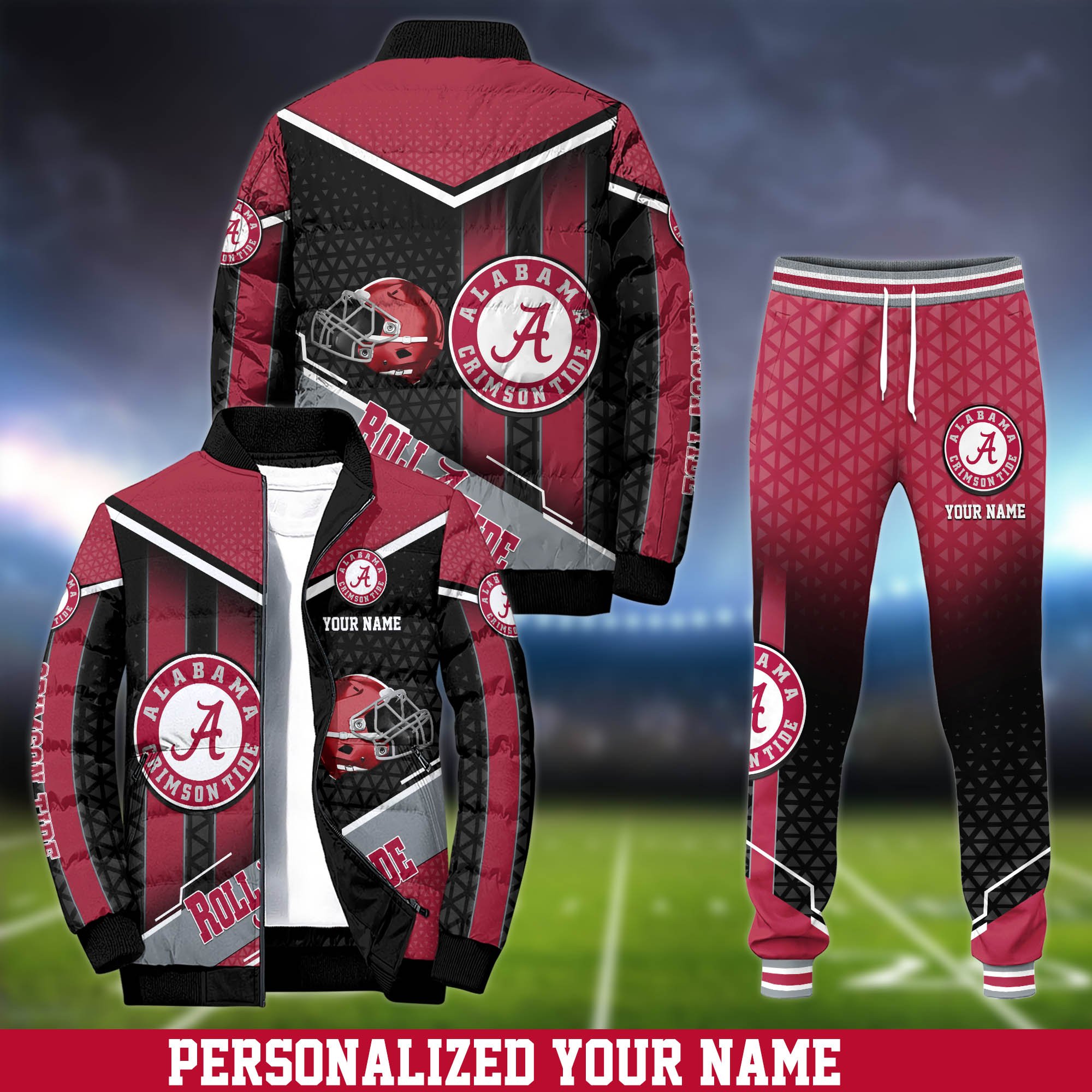 Alabama Crimson Tide Puffer Jacket And Sweatpants 2025 Version Personalized Your Name, Puffer Jacket For Sport Fans, Sport Sweatpants, Gifts For