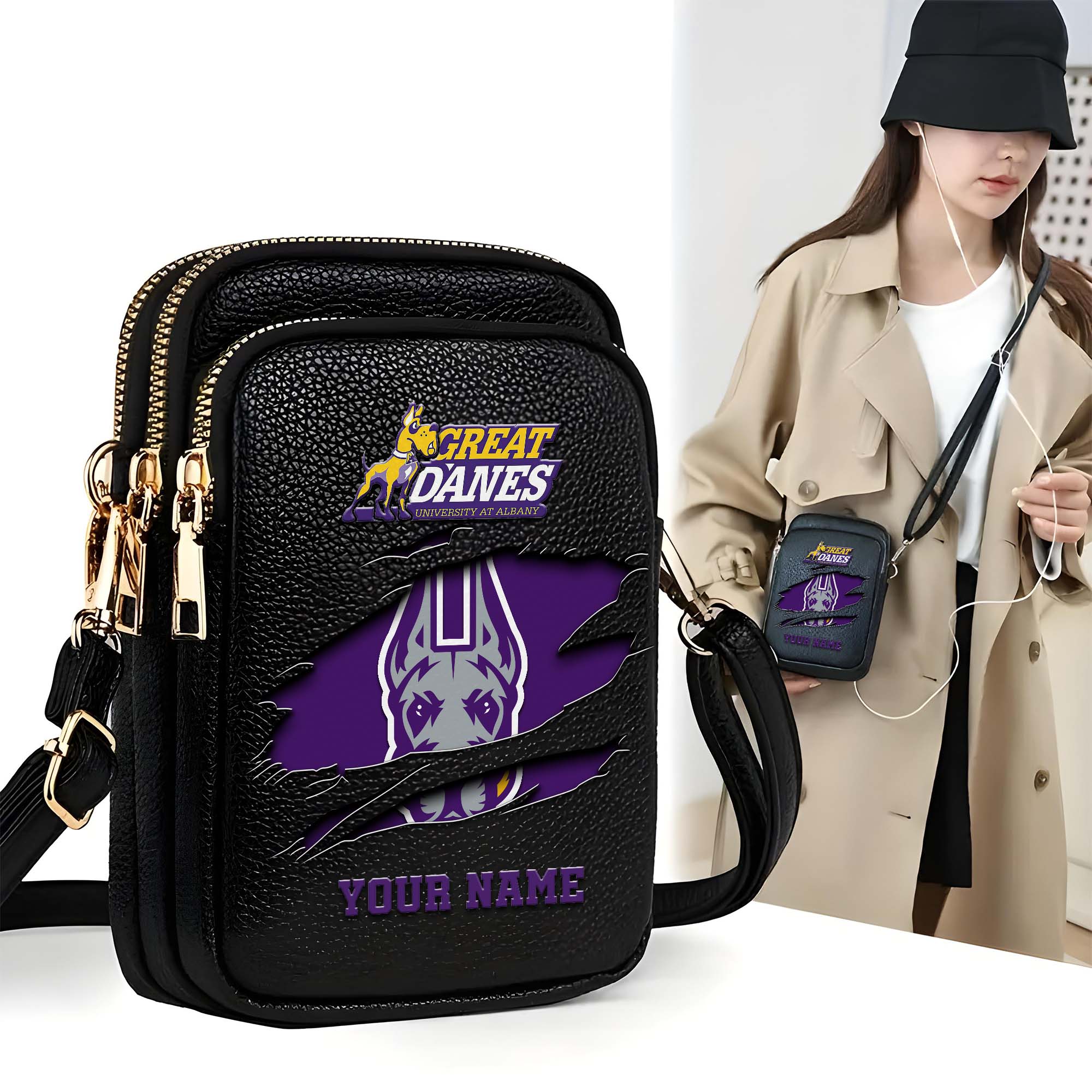 Albany Great Danes Customized Womens Mobile Phone Bag With Your Name, Leather Crossbody Bag, Fan Gifts