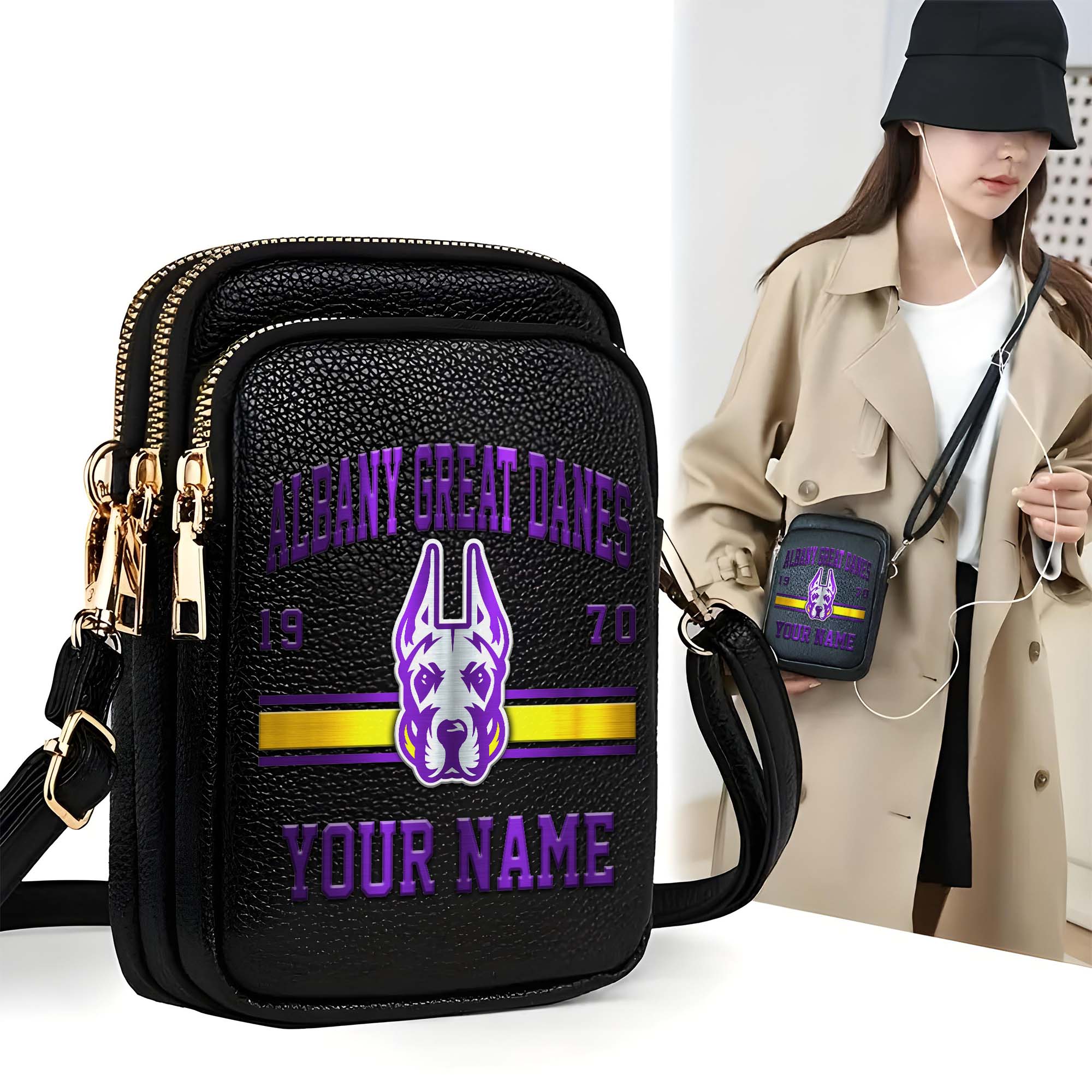 Albany Great Danes Customized Womens Mobile Phone Bag With Your Name, Leather Crossbody Bag, Fan Gifts
