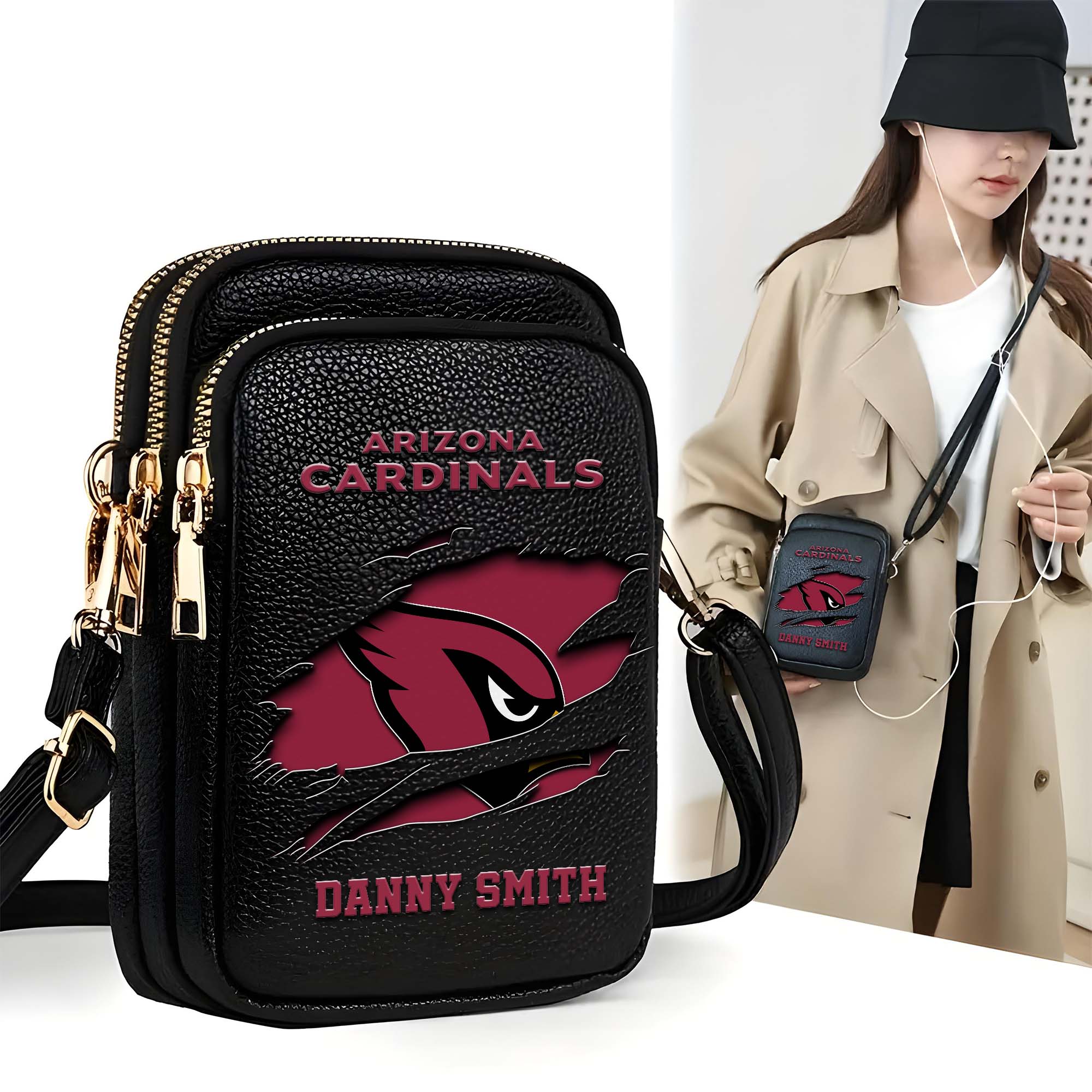Arizona Cardinals Customized Womens Mobile Phone Bag With Your Name, Leather Crossbody Bag, Fan Gifts
