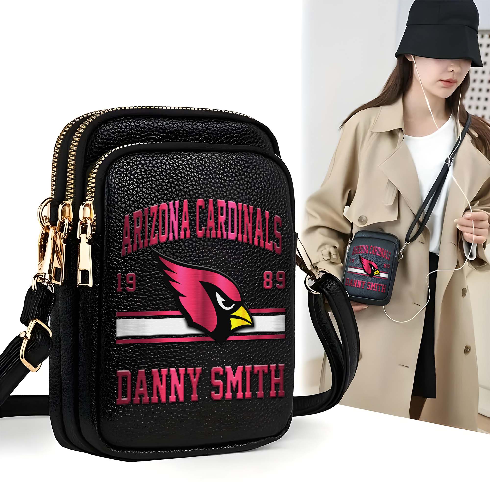 Arizona Cardinals Customized Womens Mobile Phone Bag With Your Name, Leather Crossbody Bag, Fan Gifts