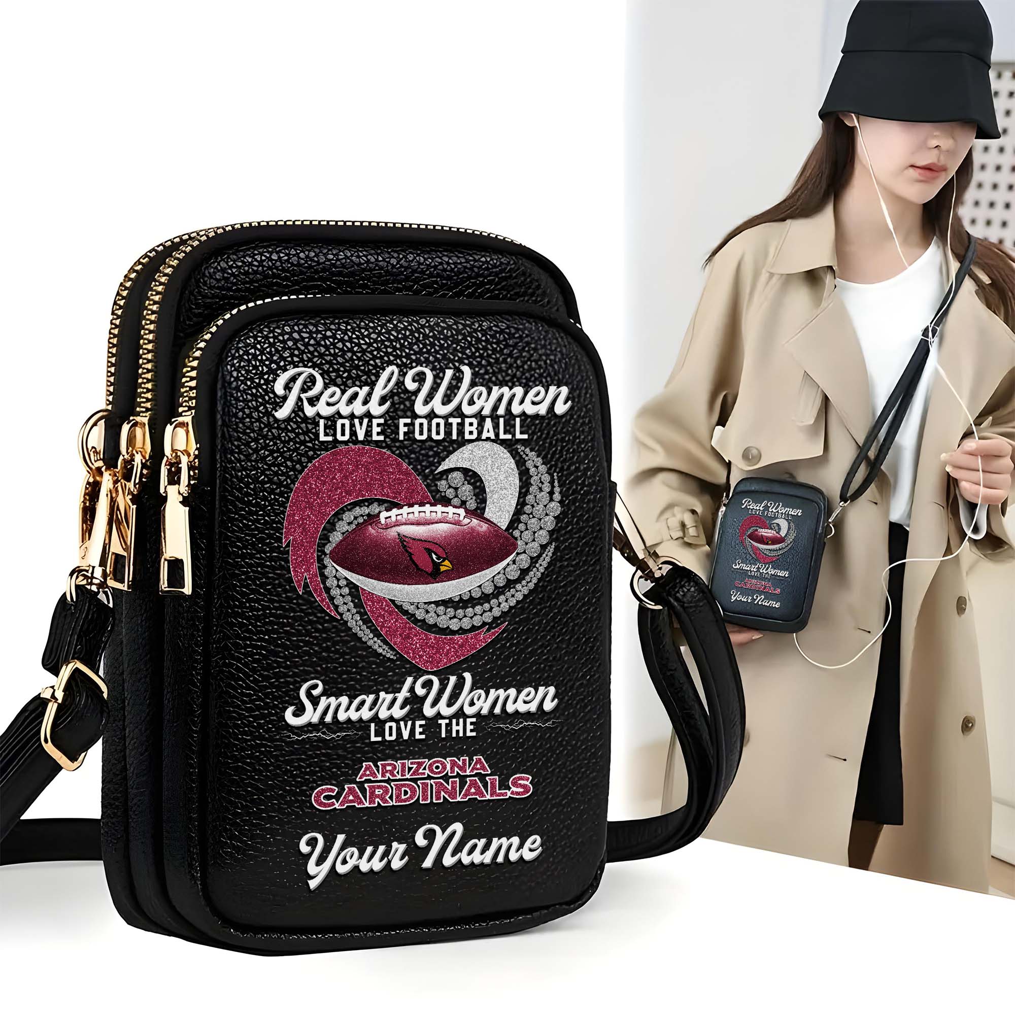 Arizona Cardinals Customized Womens Mobile Phone Bag With Your Name, Leather Crossbody Bag, Fan Gifts