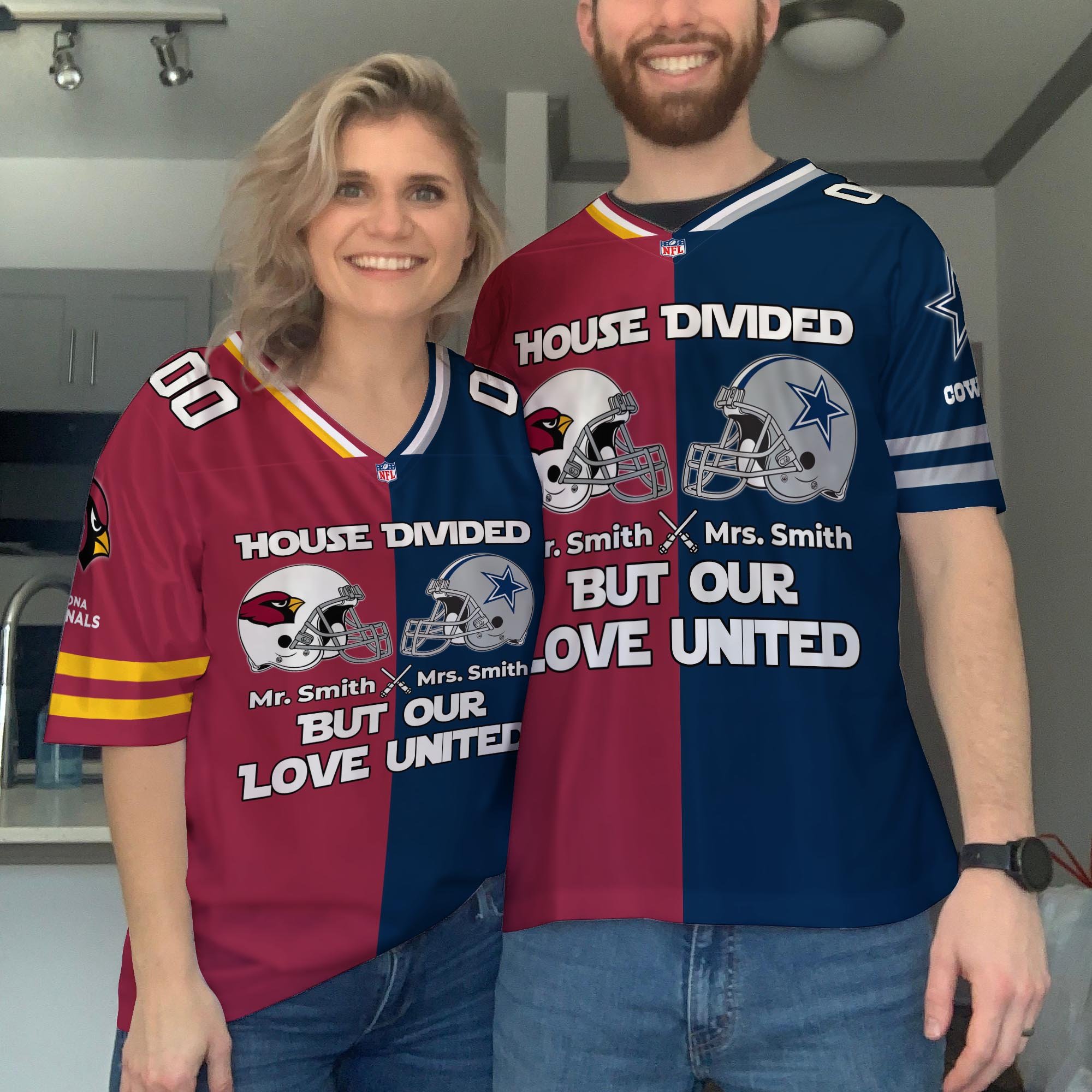 Arizona Cardinals Football Jersey Custom Husband, Wife Name And Number, House Divided Jersey For Fan