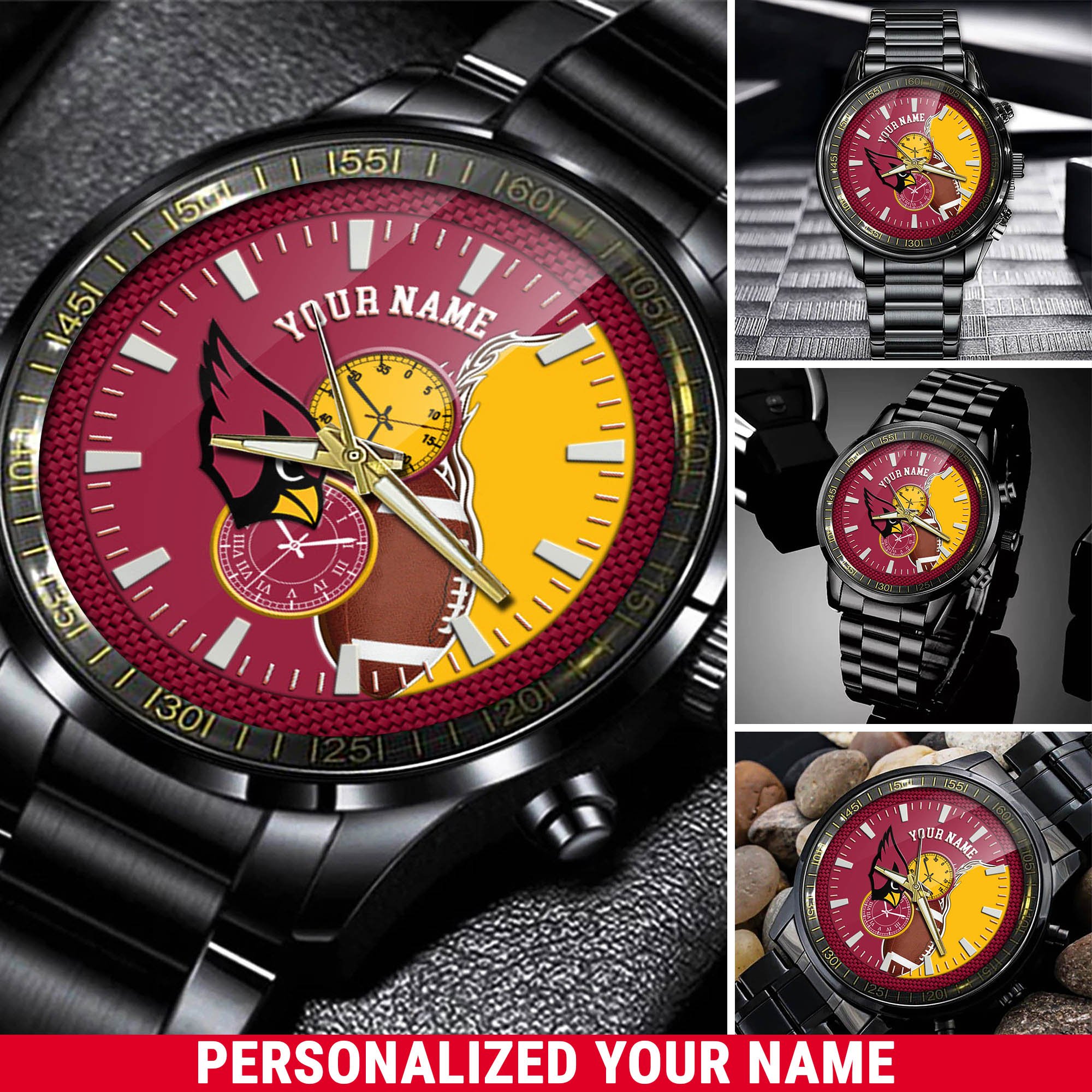 Arizona Cardinals Football Team Black Fashion Watch 2025 Version Custom Your Name, Black Fashion Watch For Football Lovers 