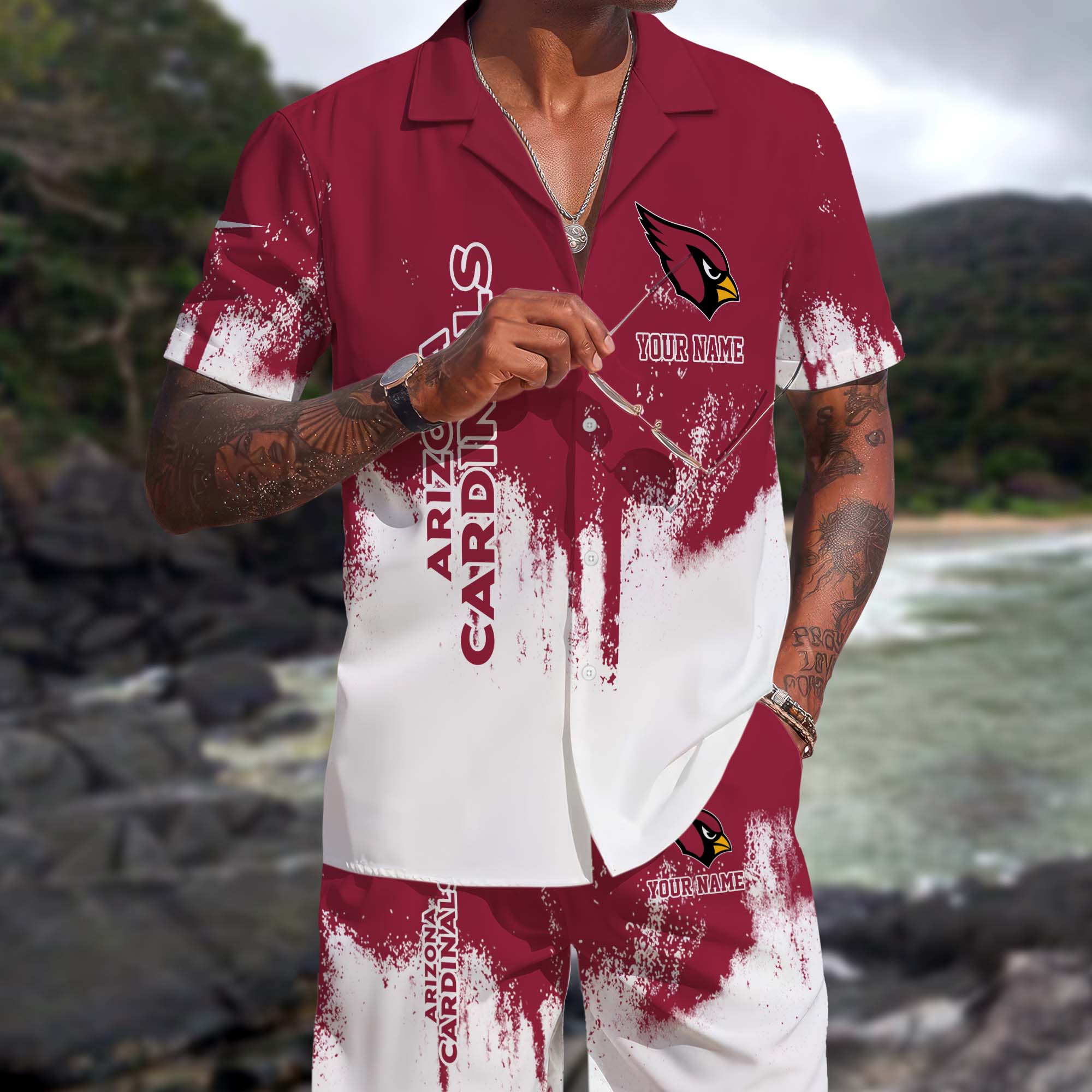 Arizona Cardinals Hawaiian Shorts Set Custom You Name, Sport Shorts, Gifts For Fan