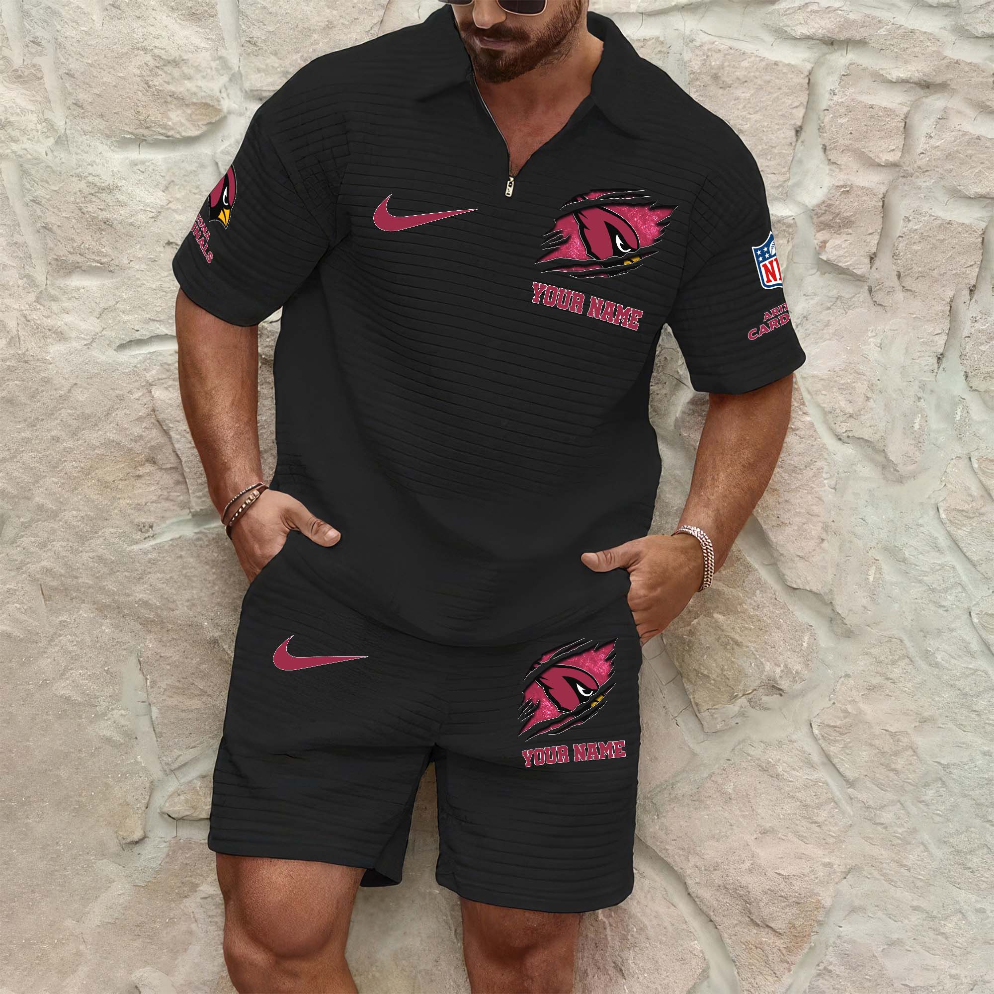 Arizona Cardinals Mens Waffle Pattern Half Zipper Shirt And Short Custom Your Name 2025 Versions, Gifts For Football Lovers