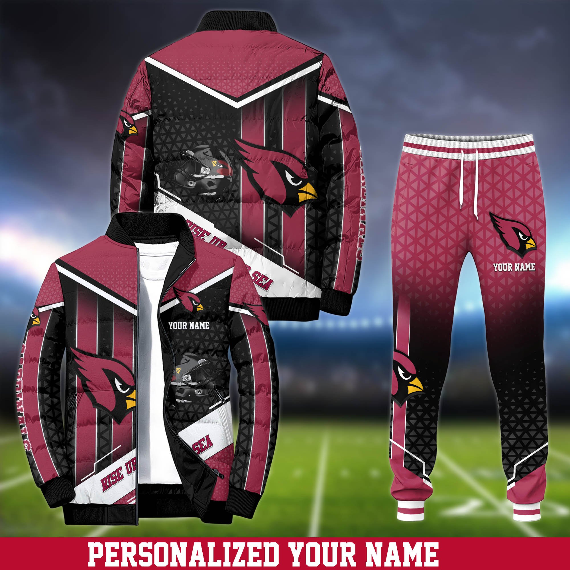 Arizona Cardinals Puffer Jacket And Sweatpants 2025 Version Personalized Your Name, Puffer Jacket For Sport Fans, Sport Sweatpants, Gifts For Sport