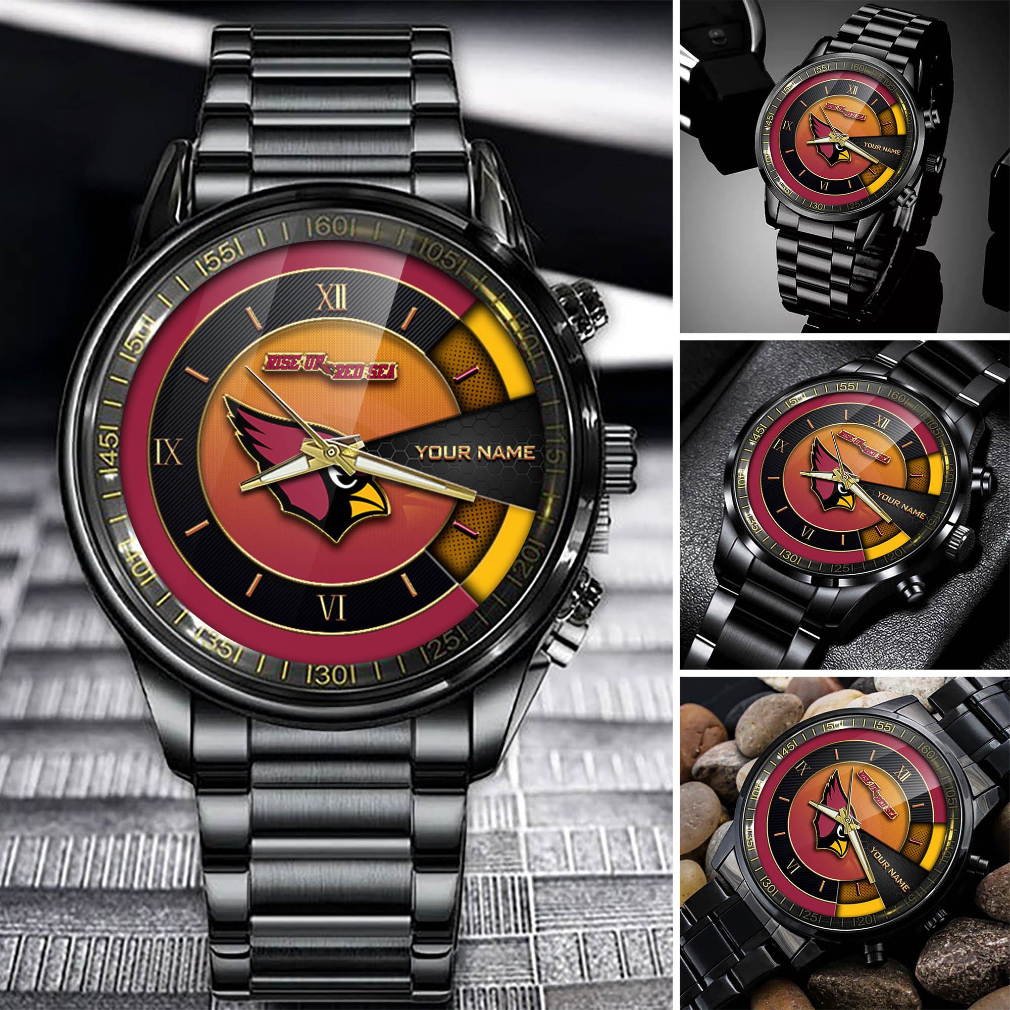 Arizona Cardinals Team Black Fashion Watch 2025 Version Custom Your Name, Black Fashion Watch For Sport Fan 