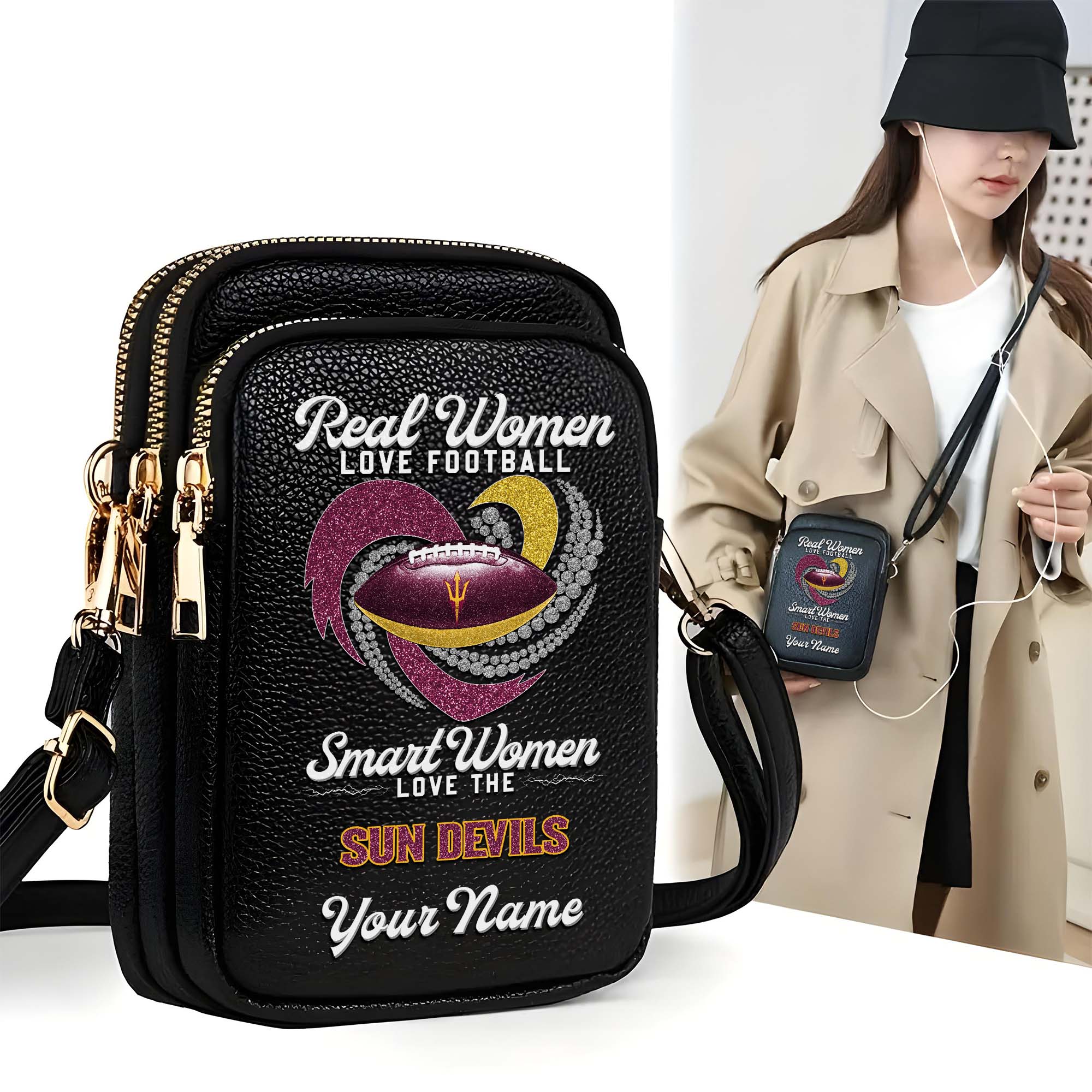Arizona State Sun Devils Customized Womens Mobile Phone Bag With Your Name, Leather Crossbody Bag, Fan Gifts