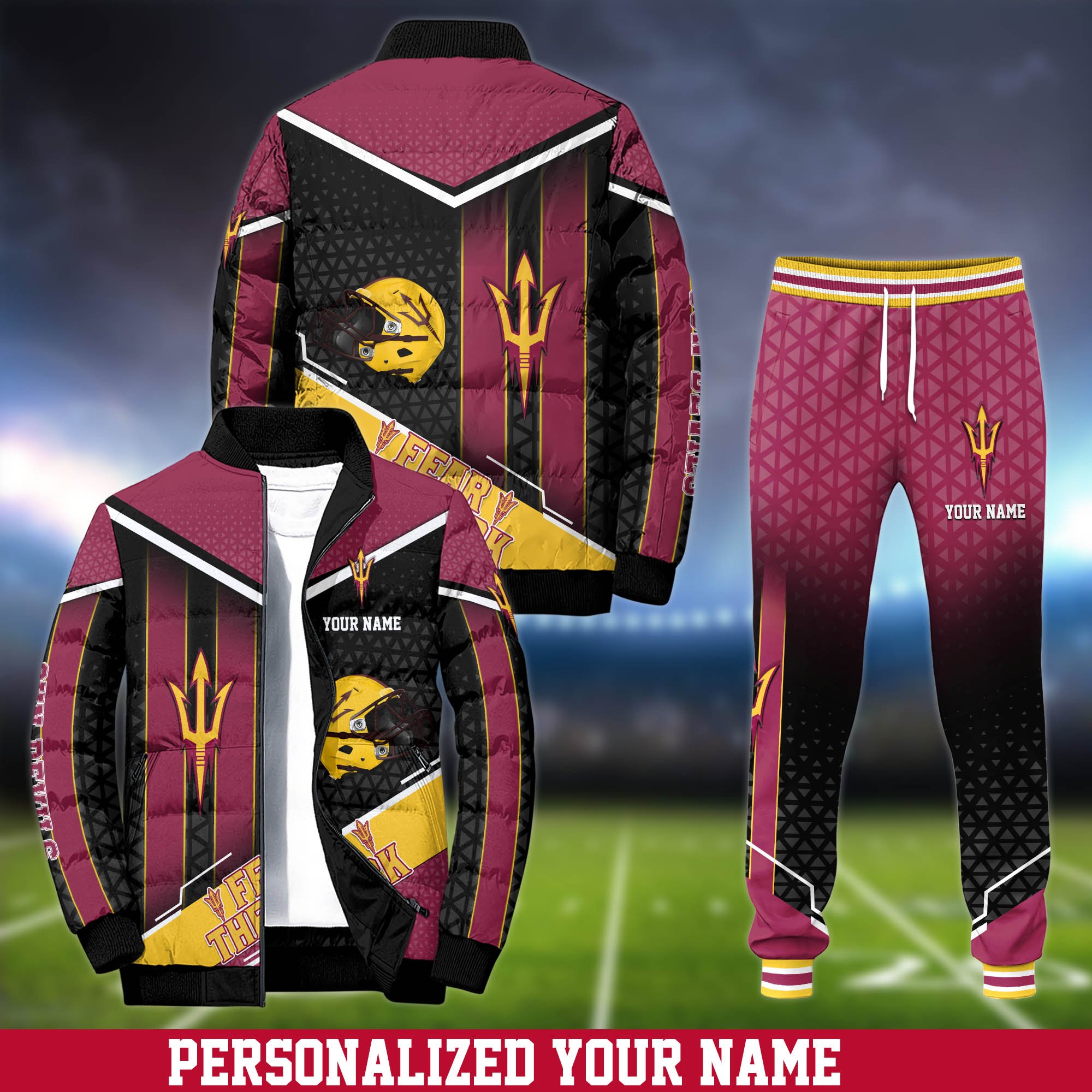 Arizona State Sun Devils Puffer Jacket And Sweatpants 2025 Version Personalized Your Name, Puffer Jacket For Sport Fans, Sport Sweatpants, Gifts For