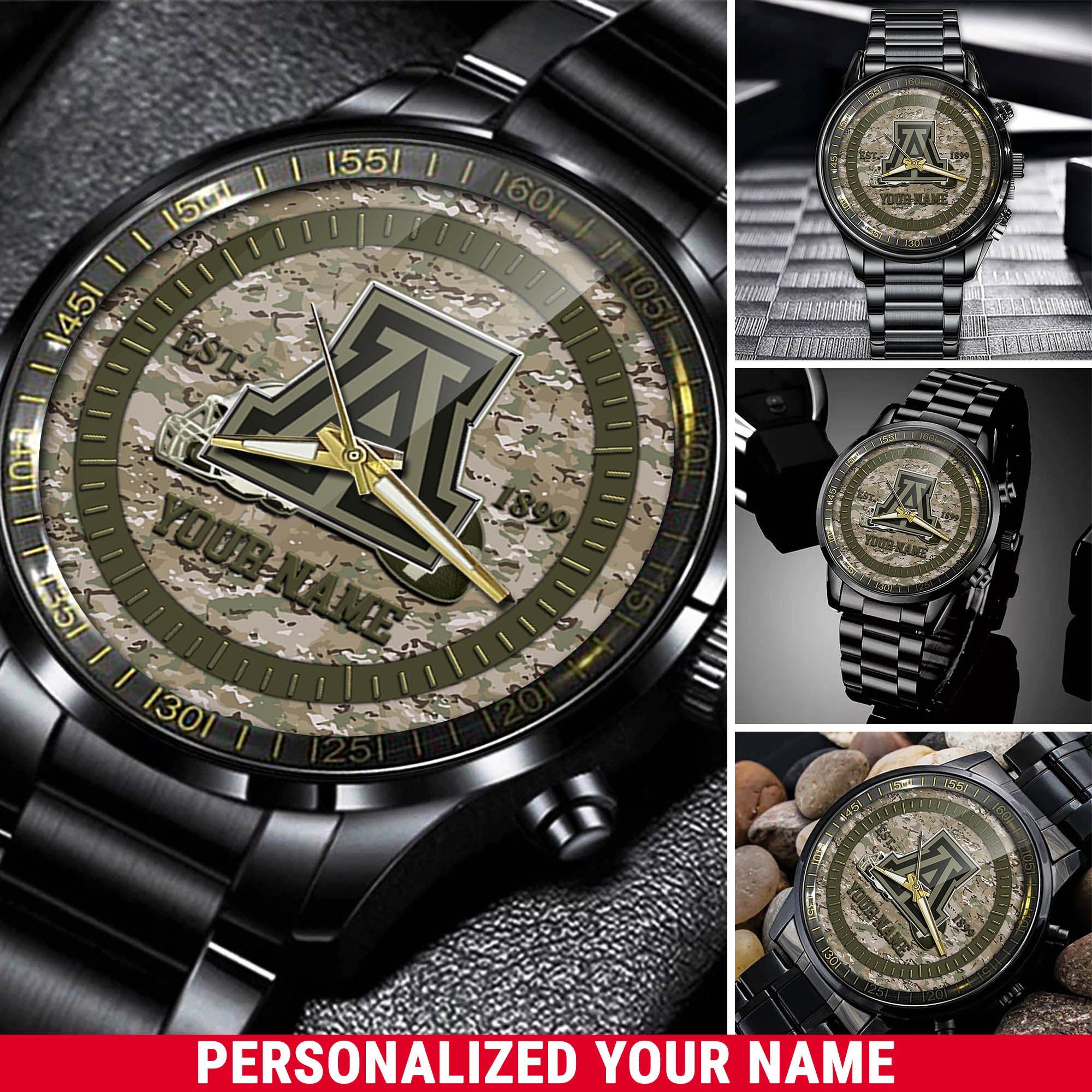 Arizona Wildcats Black Fashion Watch 2025 Version Custom Your Name, Camouflage Watch For Fan 