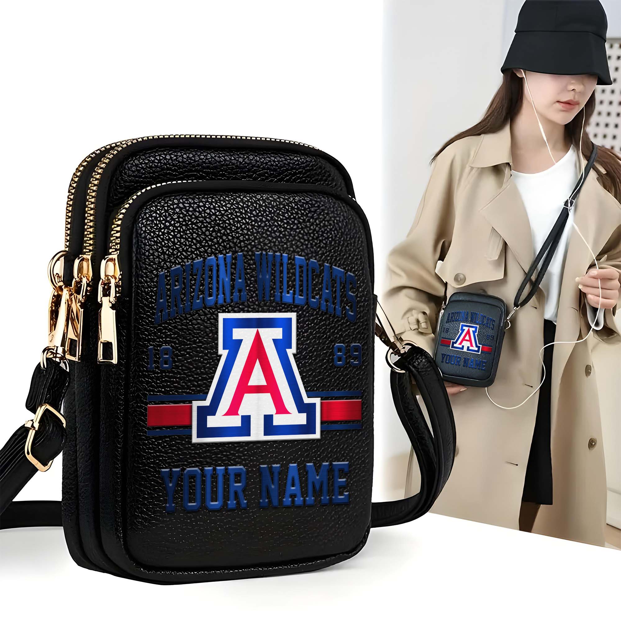 Arizona Wildcats Customized Womens Mobile Phone Bag With Your Name, Leather Crossbody Bag, Fan Gifts