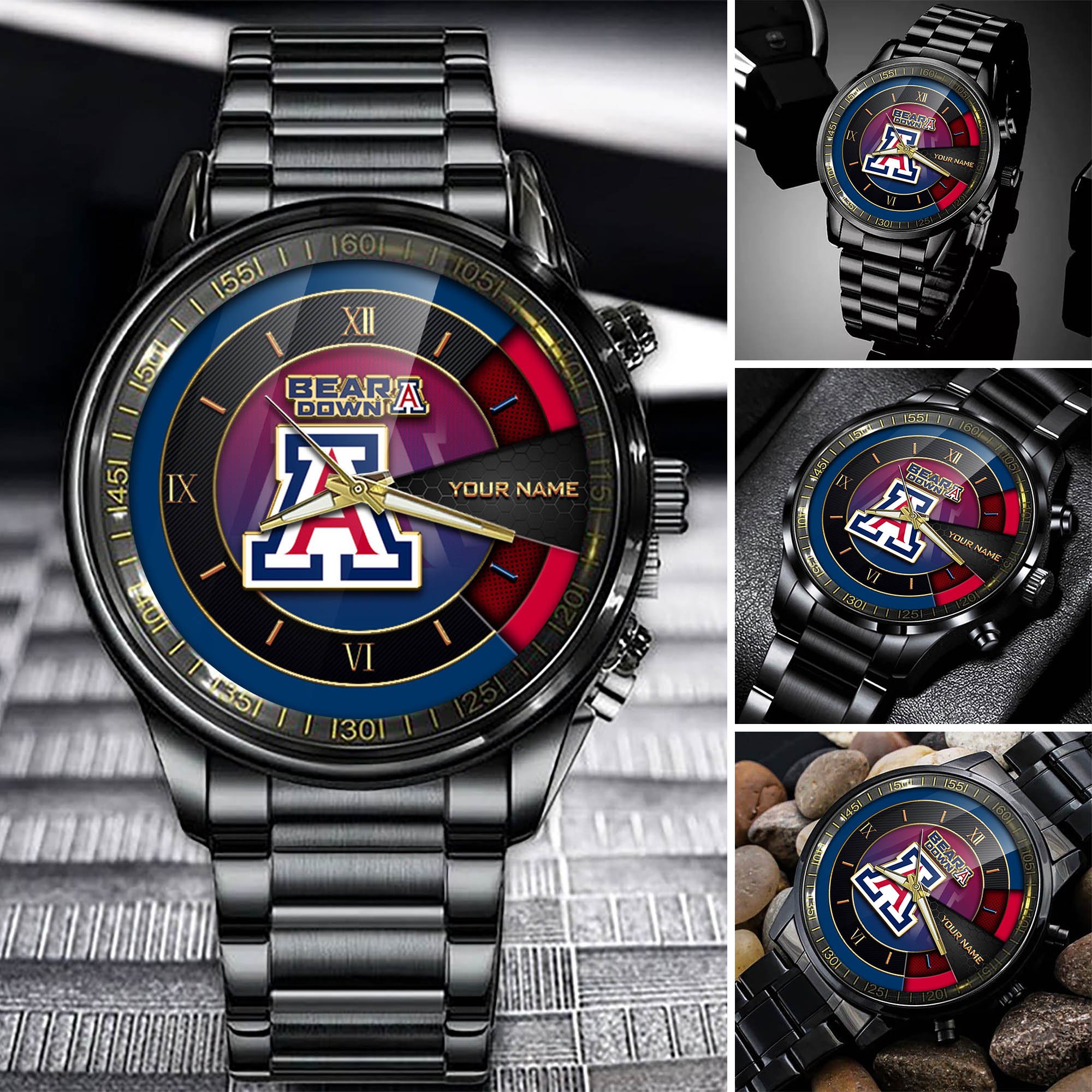 Arizona Wildcats Team Black Fashion Watch 2025 Version Custom Your Name, Black Fashion Watch For Sport Fan 