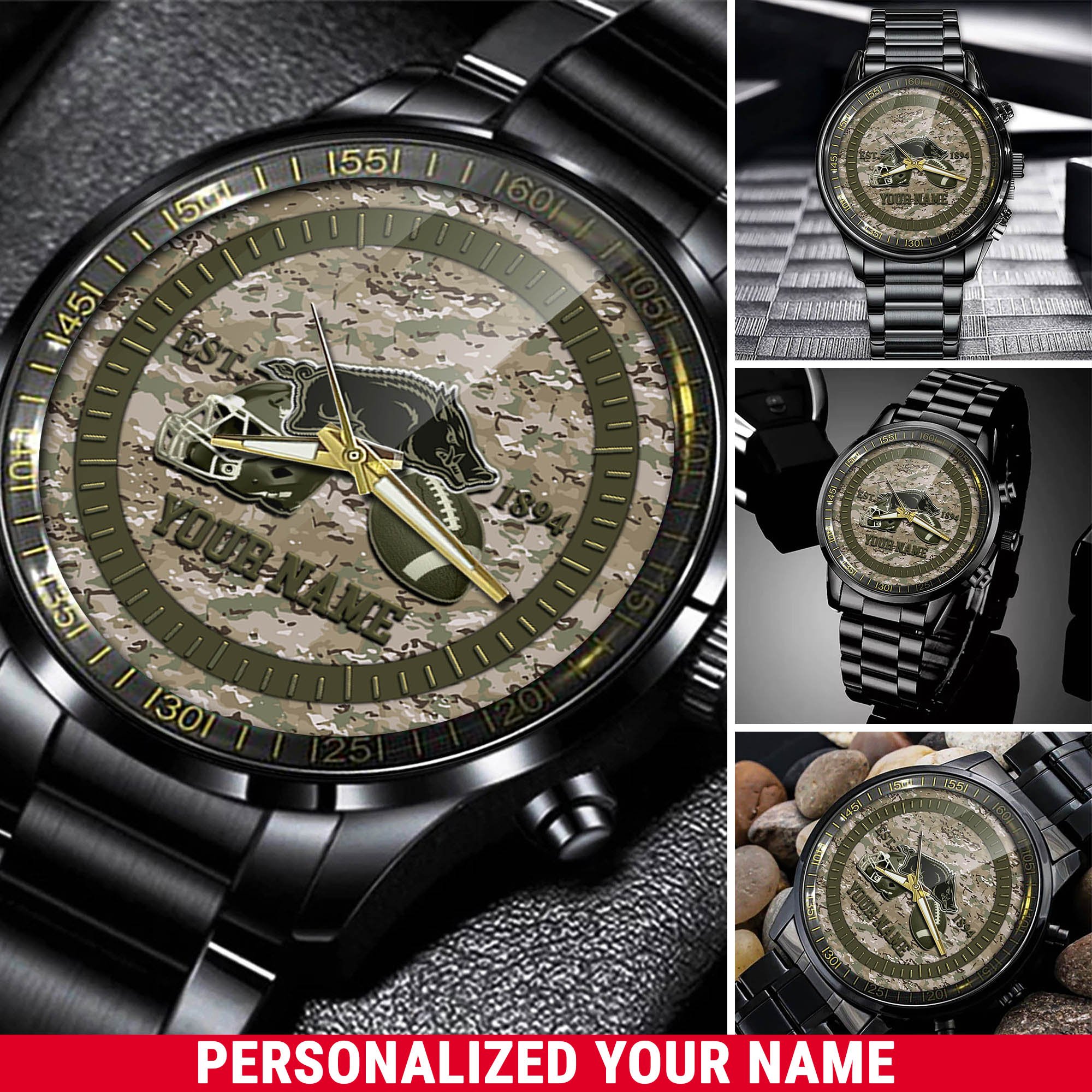Arkansas Razorbacks Black Fashion Watch 2025 Version Custom Your Name, Camouflage Watch For Fan 