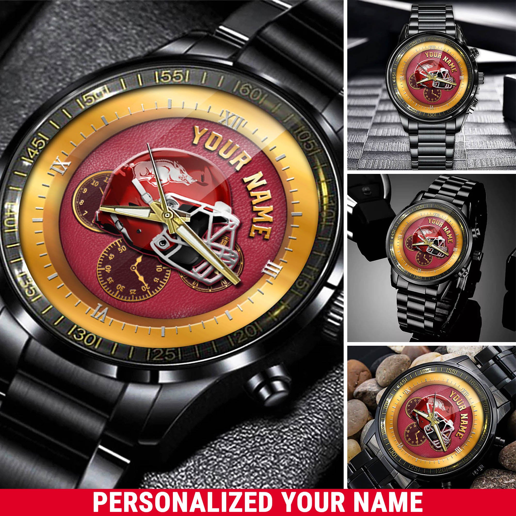 Arkansas Razorbacks Black Fashion Watch 2025 Version Personalized Your Name, Football Team Black Fashion Watch 