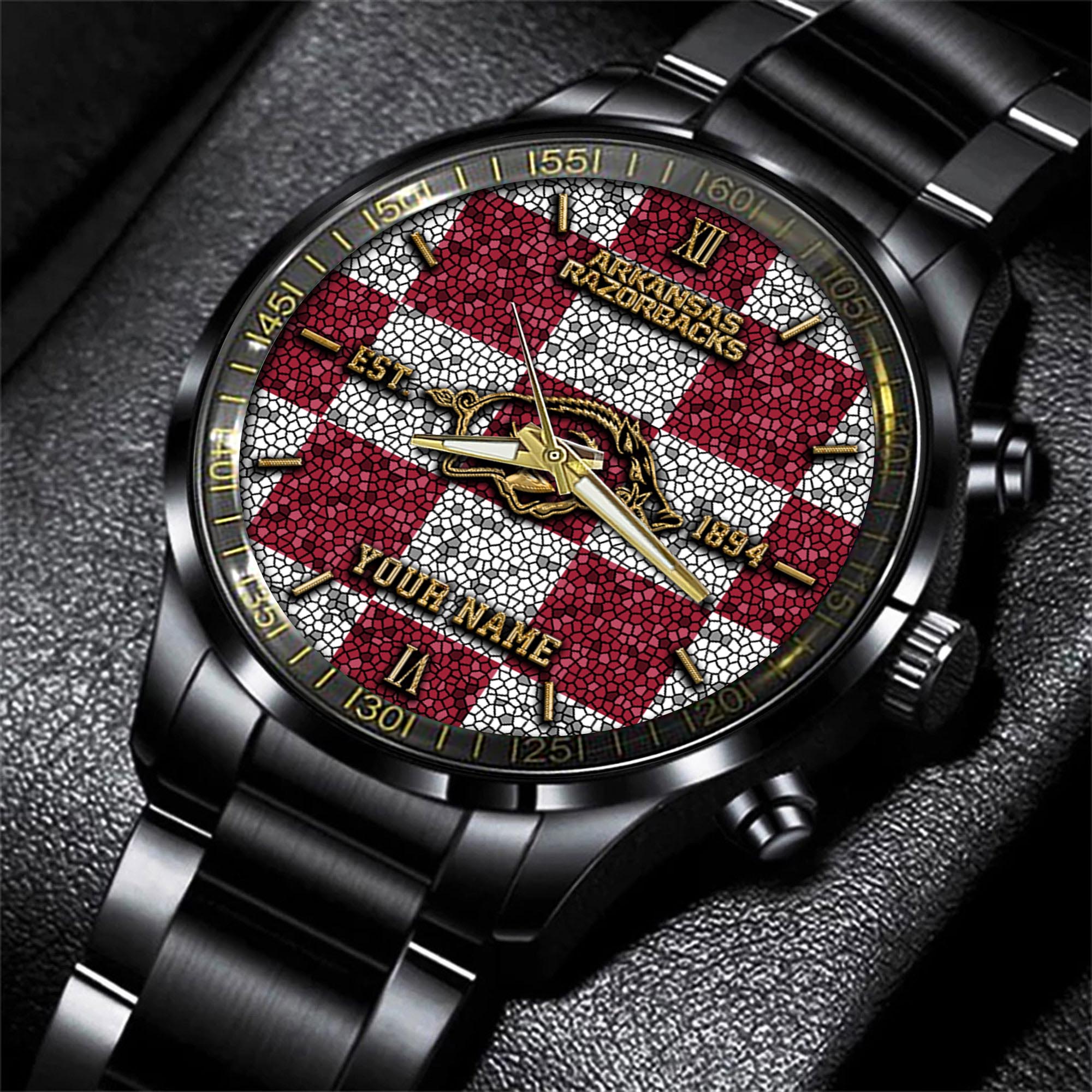 Arkansas Razorbacks Black Fashion Watch Custom Your Name, Sport Black Fashion Watch, Football Fan Gifts 