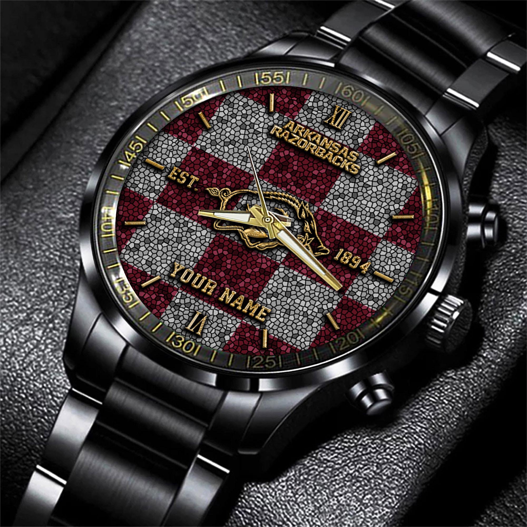 Arkansas Razorbacks Black Fashion Watch Custom Your Name, Sport Black Fashion Watch, Football Fan Gifts 