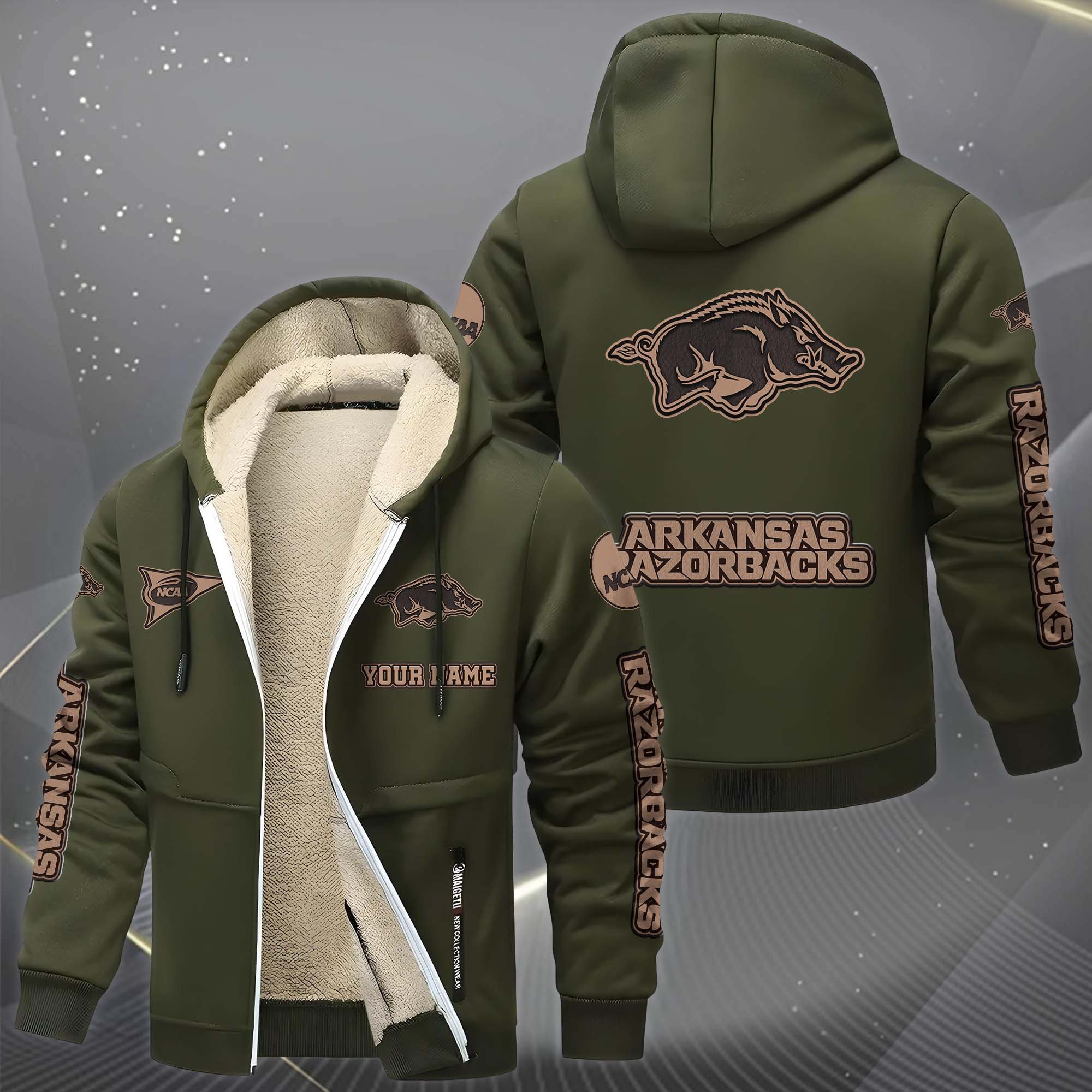 Arkansas Razorbacks Hoodie Zip Velvet Coat Custom Your Name, Sport Jacket, Gifts For Fan