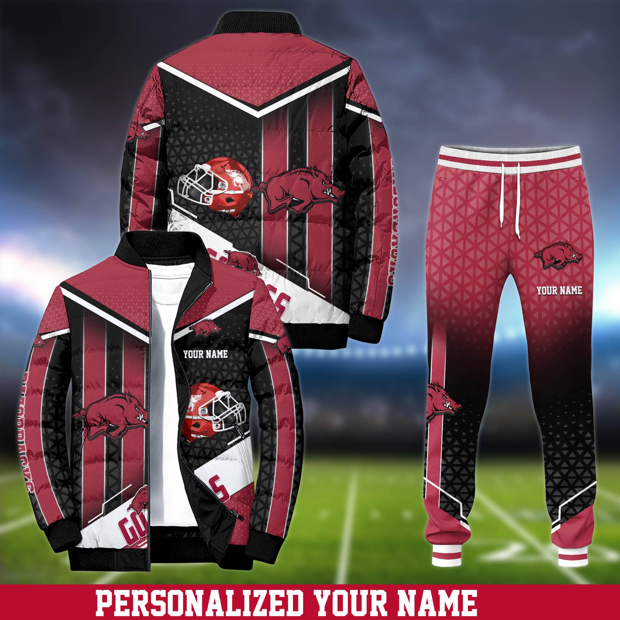 Arkansas Razorbacks Puffer Jacket And Sweatpants 2025 Version Personalized Your Name, Puffer Jacket For Sport Fans, Sport Sweatpants, Gifts For Sport
