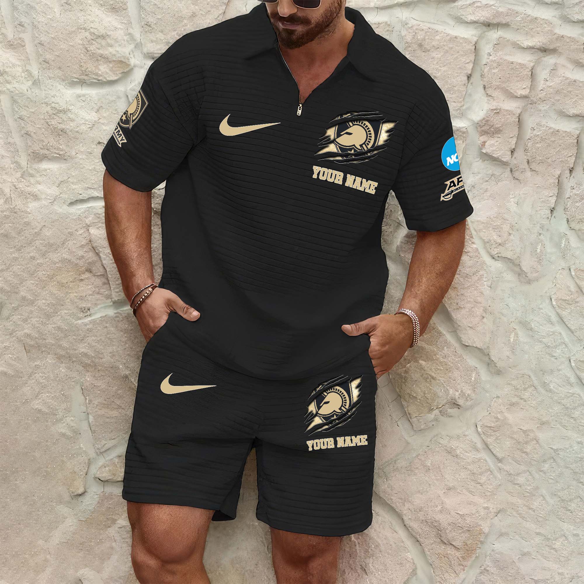 Army Black Knights Mens Waffle Pattern Half Zipper Shirt And Short Custom Your Name 2025 Versions, Gifts For Football Lovers