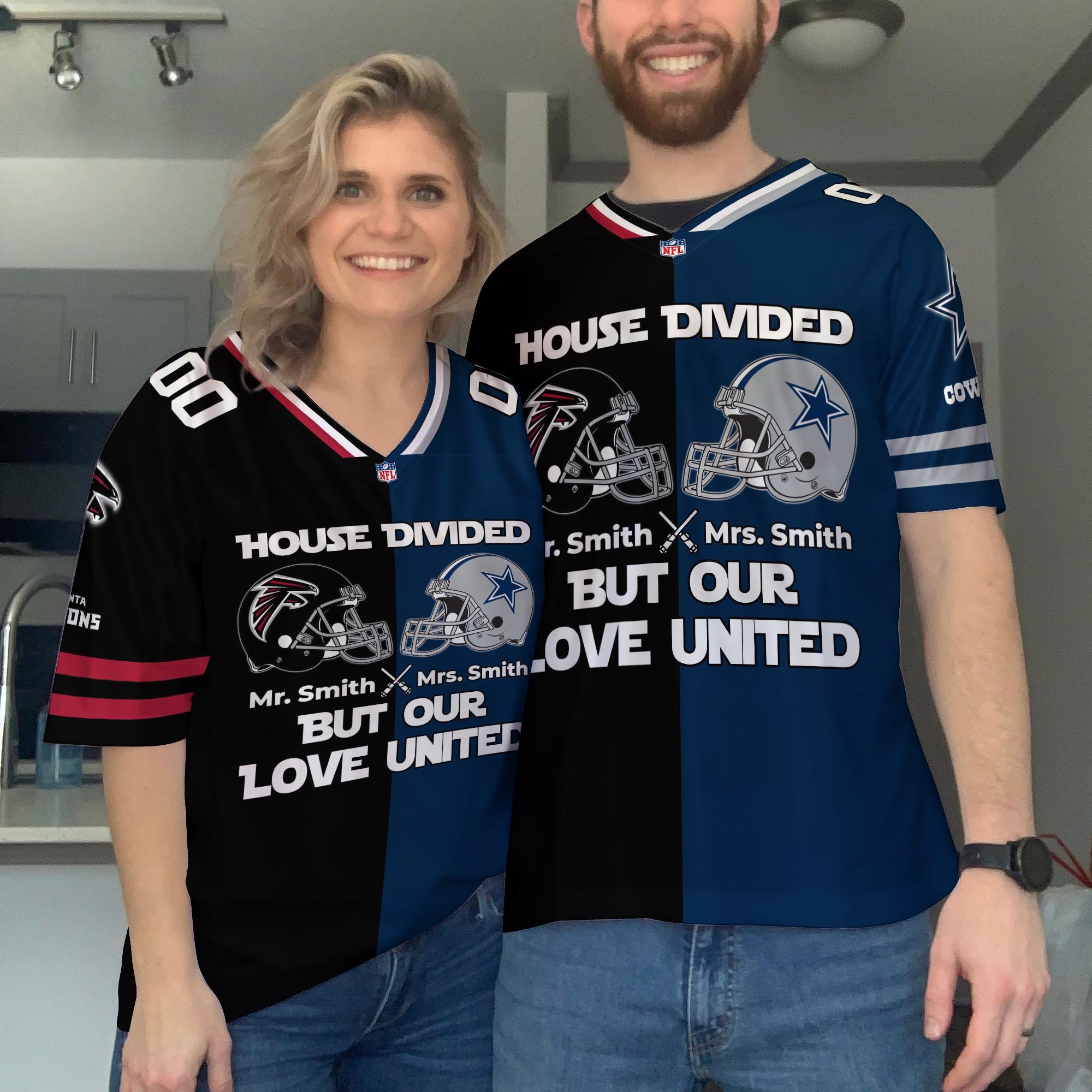 Atlanta Falcons Football Jersey Custom Husband, Wife Name And Number, House Divided Jersey For Fan