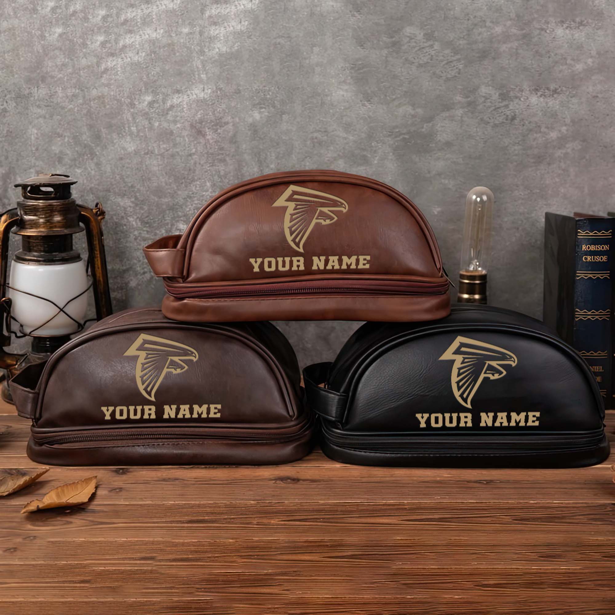 Atlanta Falcons Mens Leather Toiletry Bag, Engraved Leather Dopp Kit Bag, Football Fan Gifts