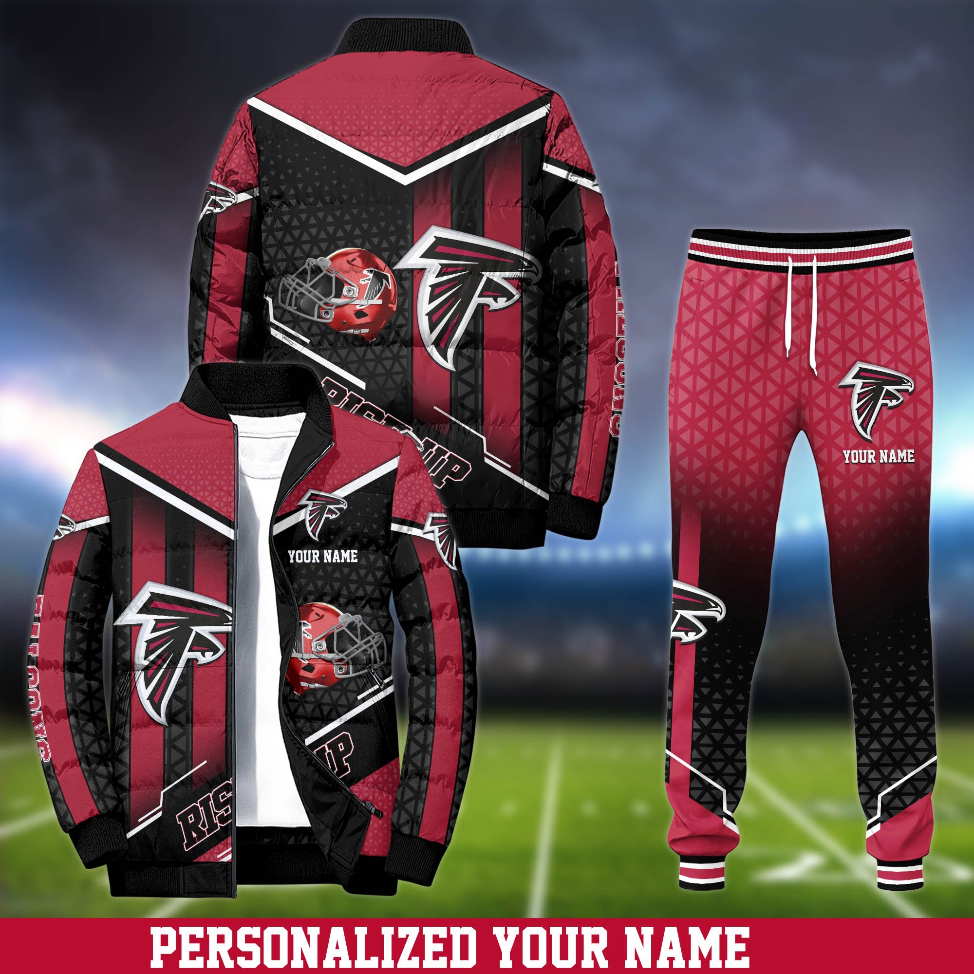 Atlanta Falcons Puffer Jacket And Sweatpants 2025 Version Personalized Your Name, Puffer Jacket For Sport Fans, Sport Sweatpants, Gifts For Sport