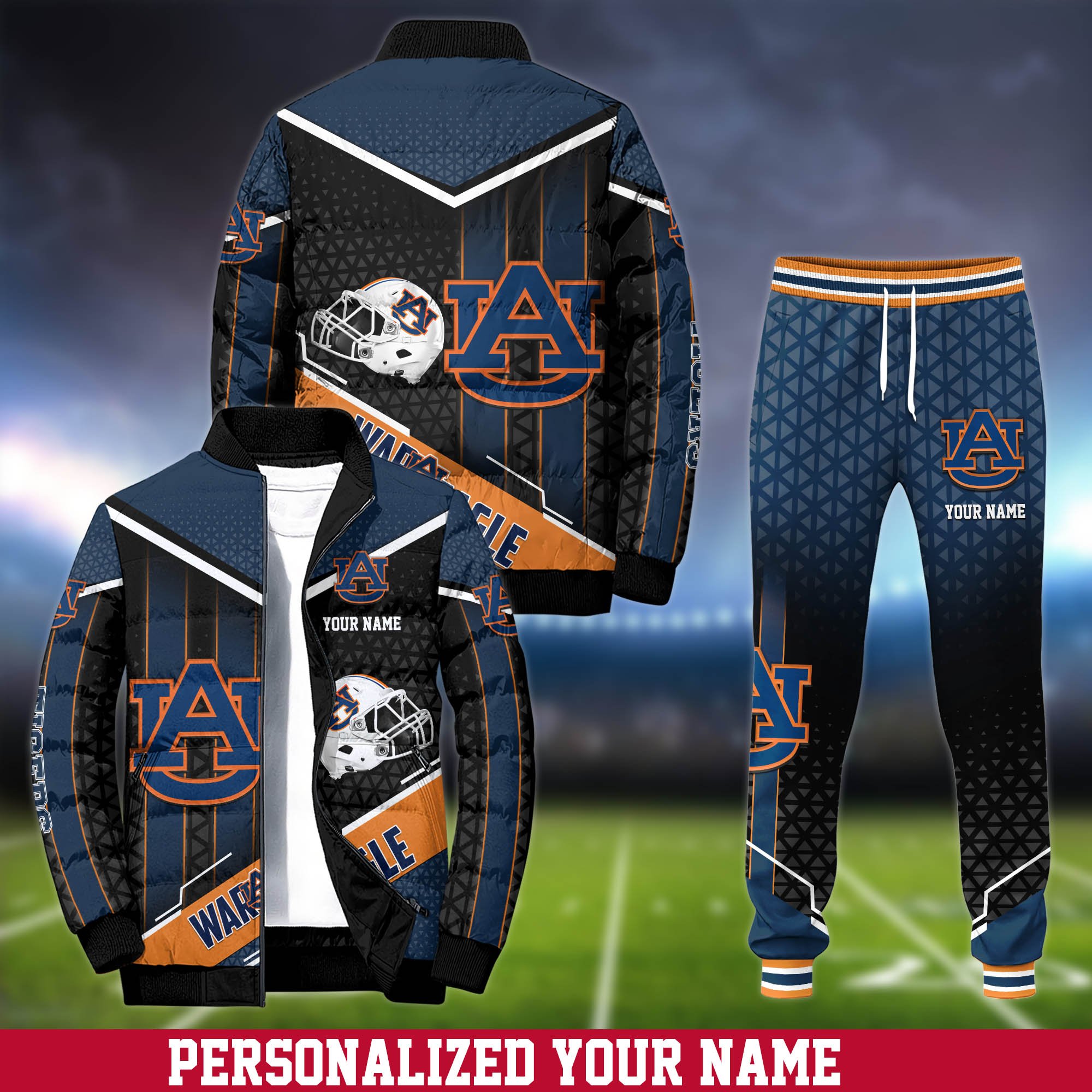Auburn Tigers Puffer Jacket And Sweatpants 2025 Version Personalized Your Name, Puffer Jacket For Sport Fans, Sport Sweatpants, Gifts For Sport