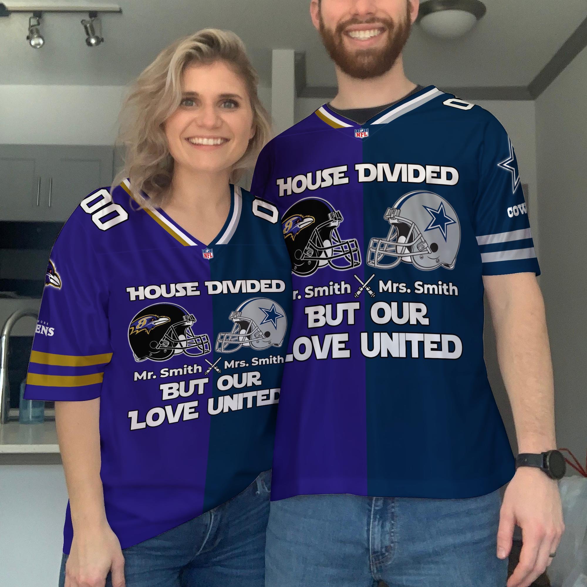 Baltimore Ravens Football Jersey Custom Husband, Wife Name And Number, House Divided Jersey For Fan