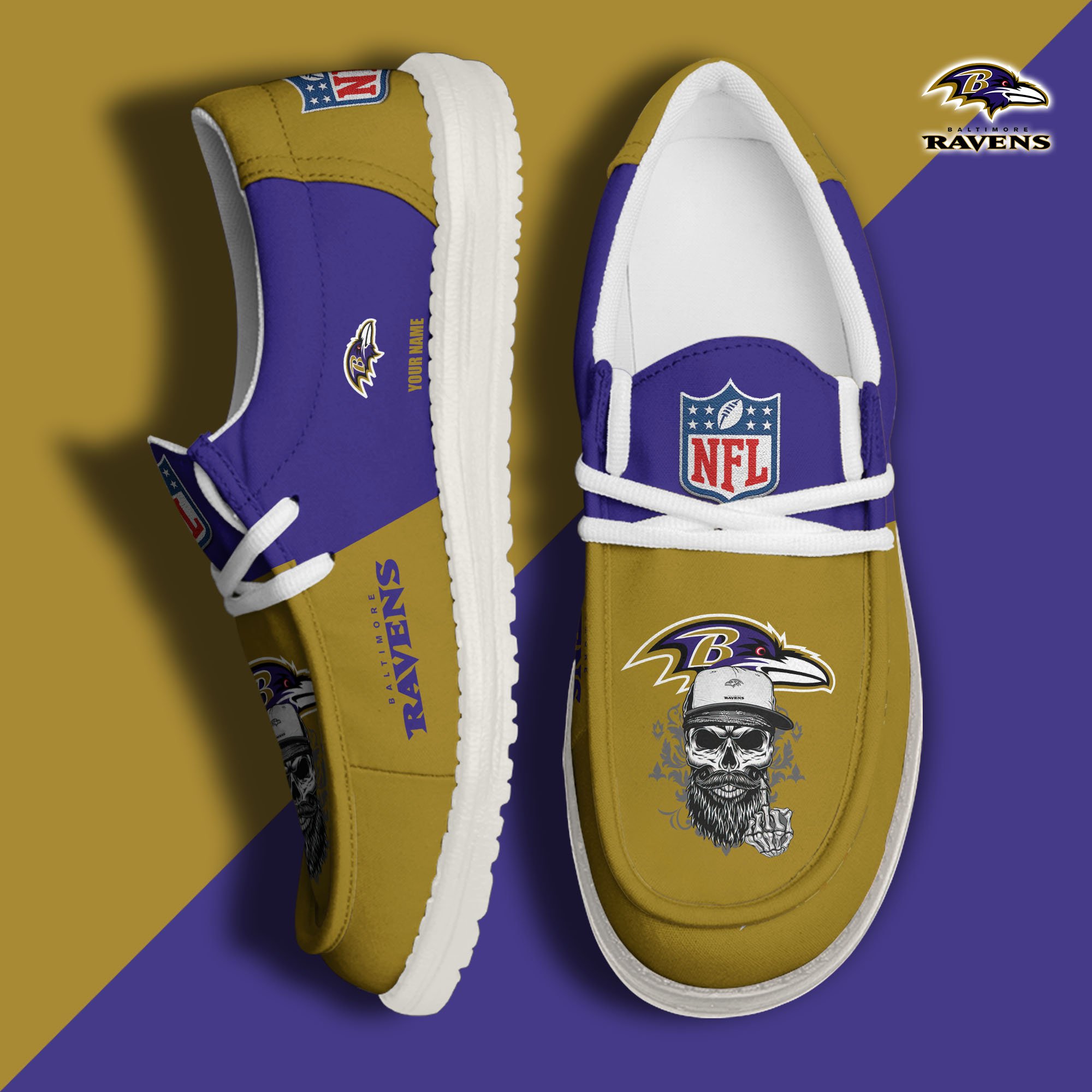 Baltimore Ravens H D White Canvas Loafer Shoes Custom Your Name, Sport Canvas Loafer Shoes