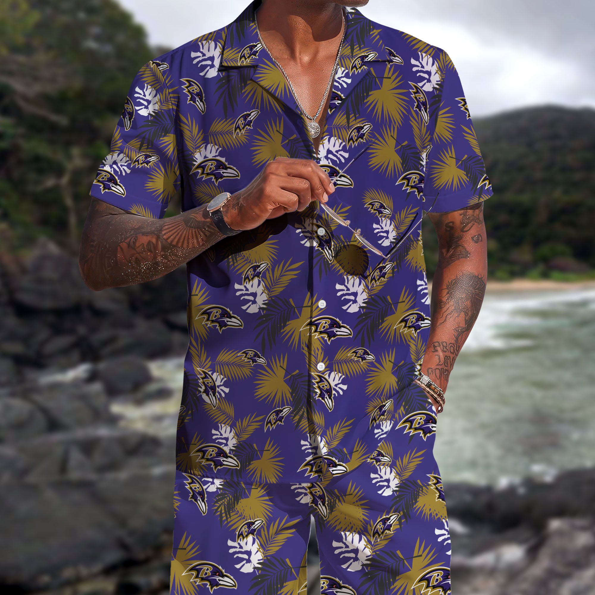 Baltimore Ravens Hawaiian Shorts Set 2025 Version, Hawaiian Shirts, Sports Shorts, Gifts For Fan