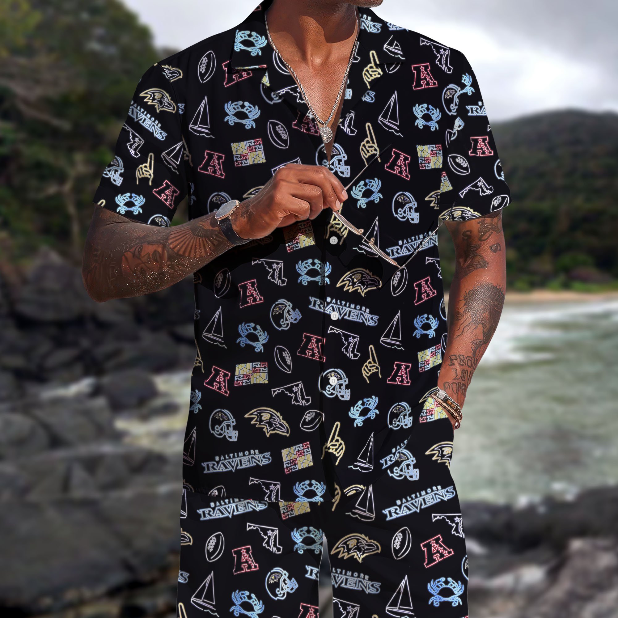 Baltimore Ravens Hawaiian Shorts Set 2025 Version, Hawaiian Shirts, Sports Shorts, Gifts For Fan