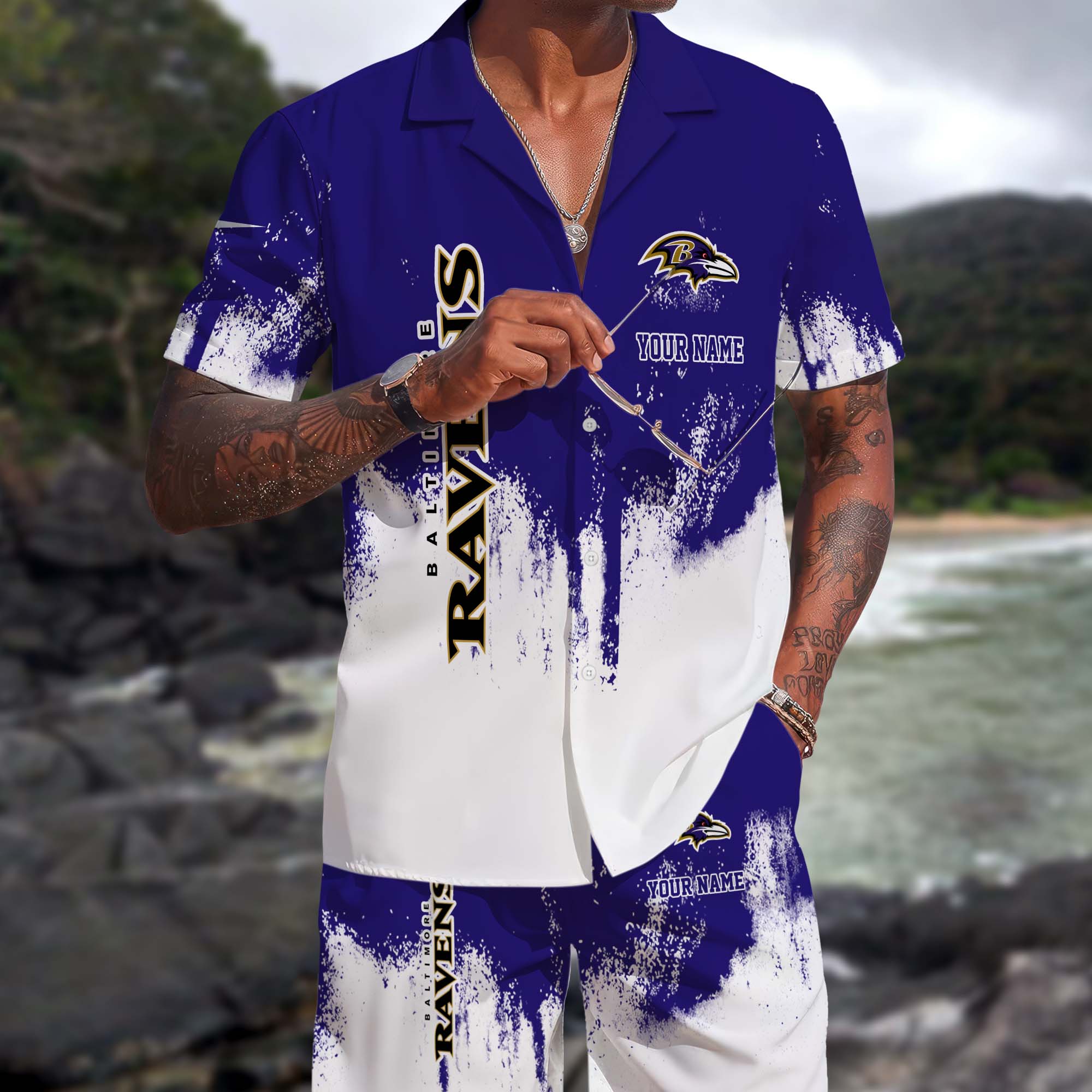 Baltimore Ravens Hawaiian Shorts Set Custom You Name, Sport Shorts, Gifts For Fan