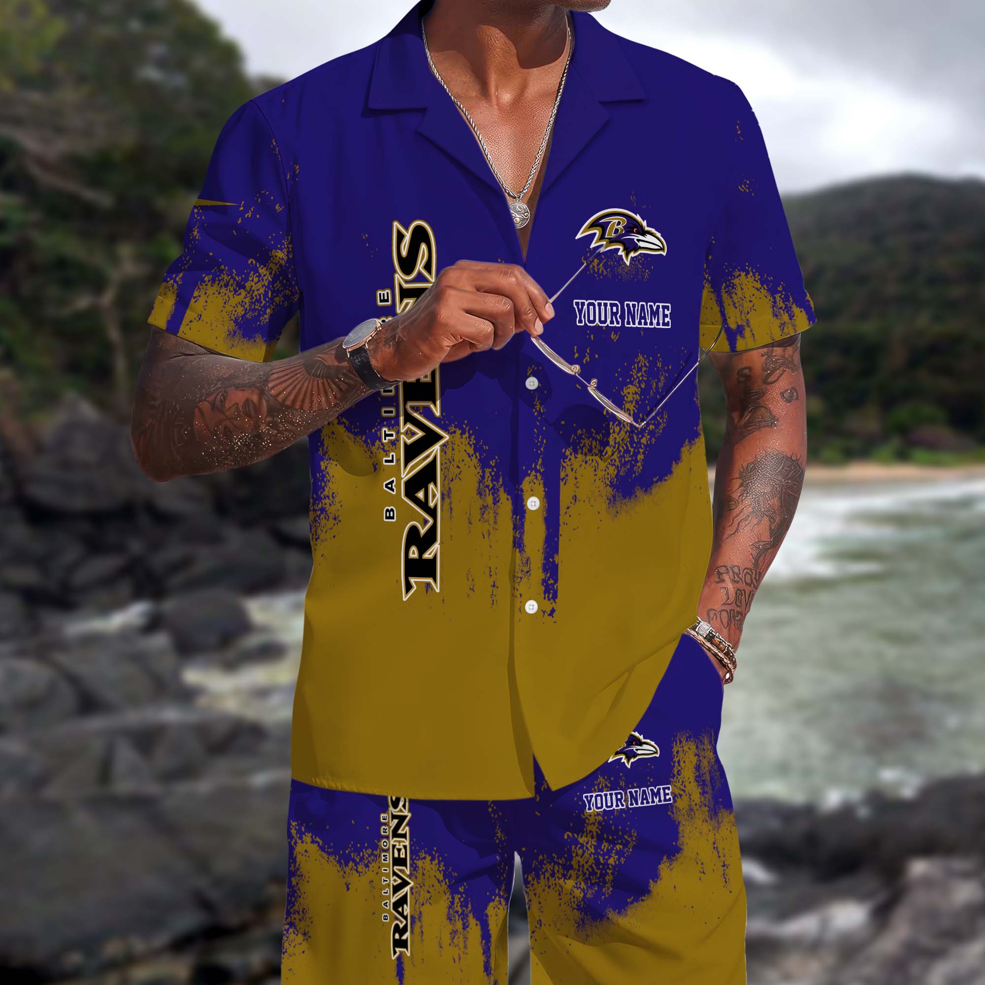 Baltimore Ravens Hawaiian Shorts Set Custom You Name, Sport Shorts, Gifts For Fan