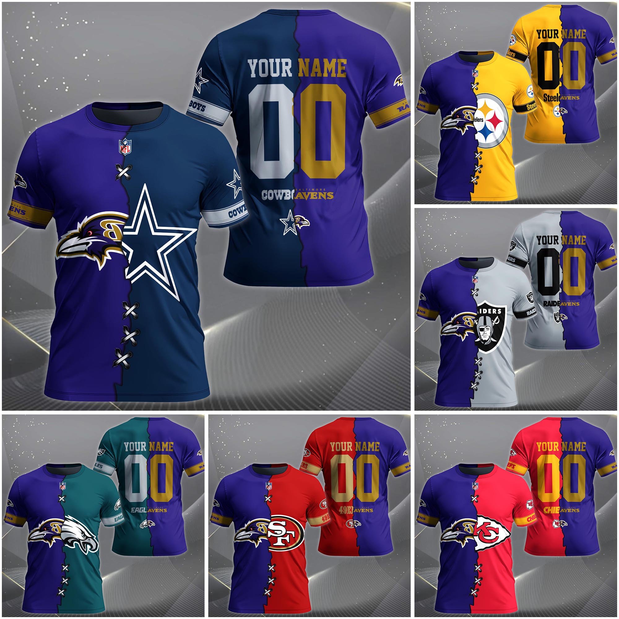 Baltimore Ravens House Divided T-Shirt Custom Name 2025 Version, Number And Team, Sport Shirts For Fan