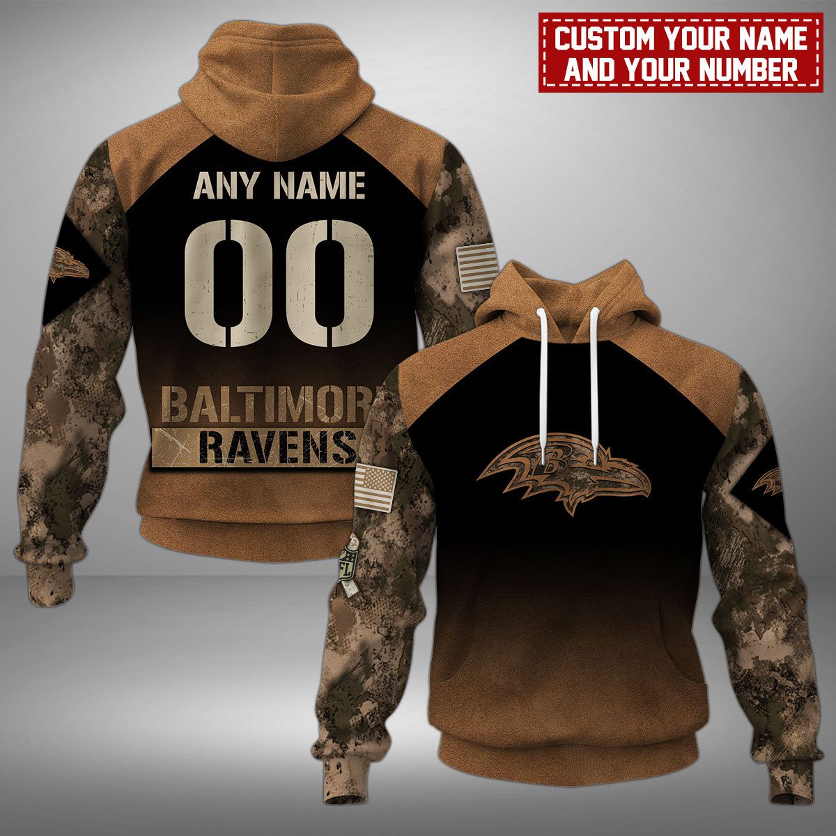 Baltimore Ravens NFL Camo Veterans Personalized Mixed 3D Hoodie PH1099