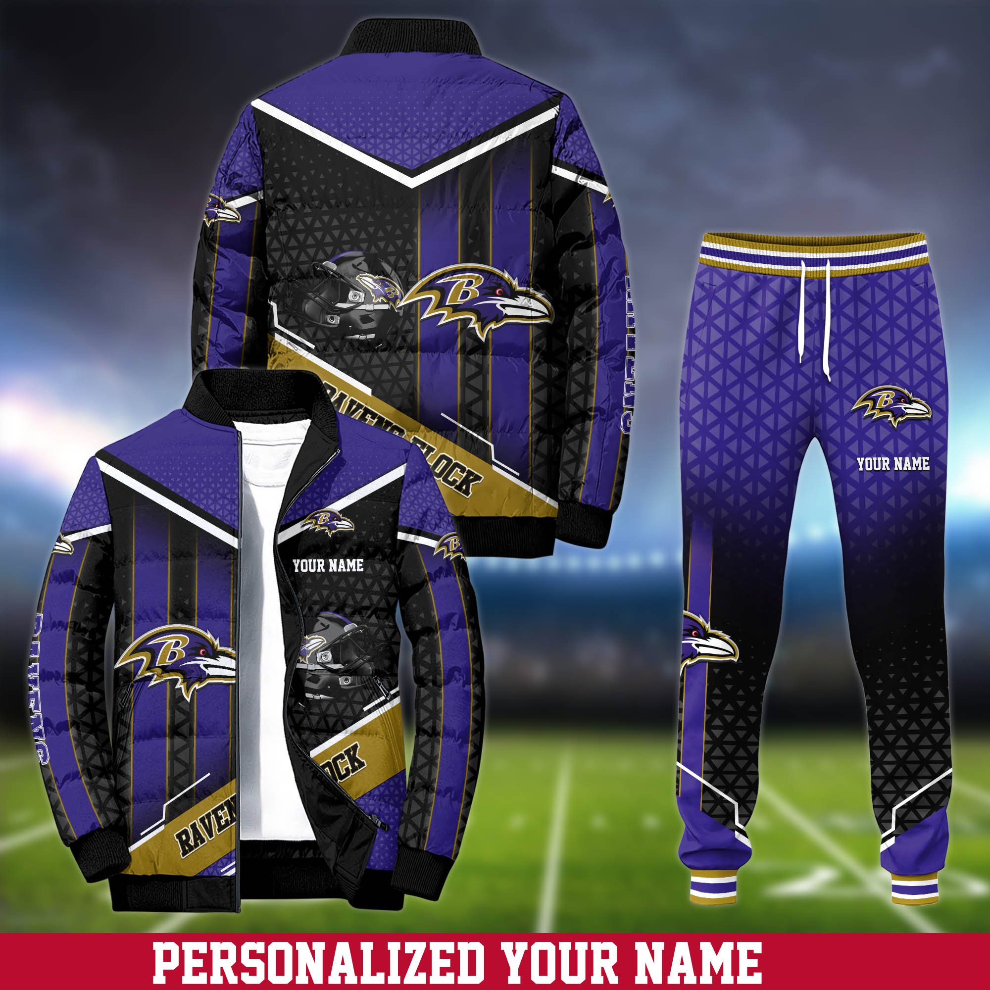 Baltimore Ravens Puffer Jacket And Sweatpants 2025 Version Personalized Your Name, Puffer Jacket For Sport Fans, Sport Sweatpants, Gifts For Sport