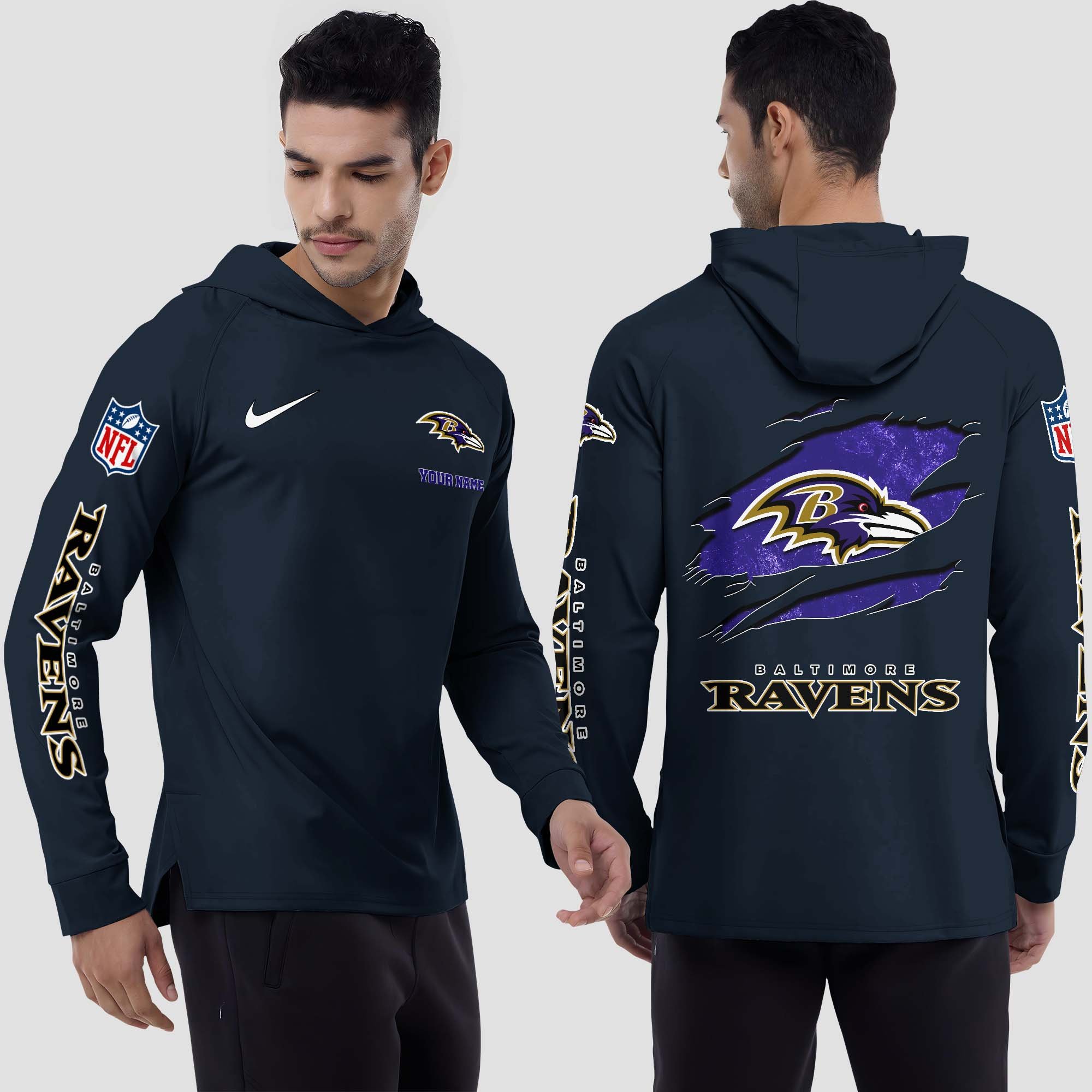 Baltimore Ravens Split Hem Hoodie Custom Your Name, Sport Hoodie, Sport Gifts For Fan