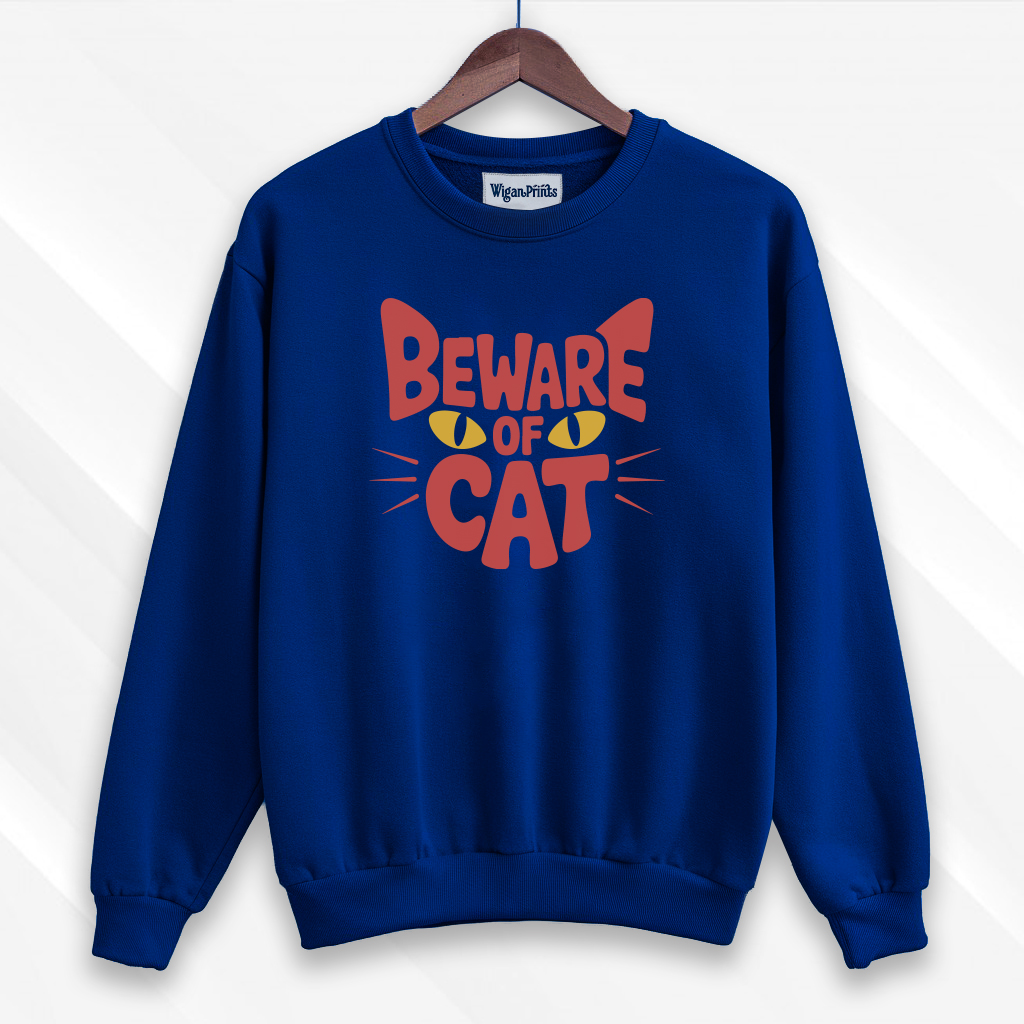 Beware Of Cat Sweatshirt   Funny Blue Cat Lover Crewneck Pullover  Unisex Cozy Animal Graphic